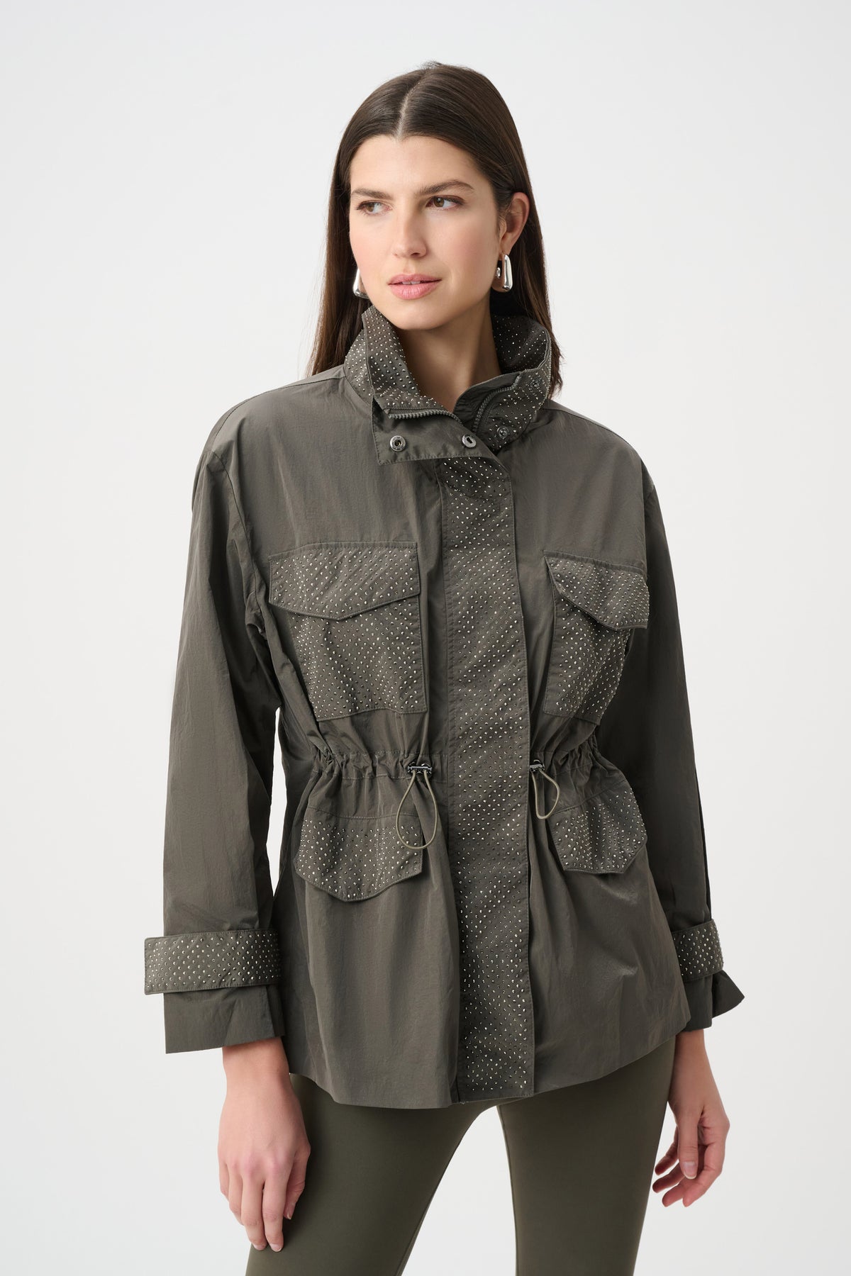 Joseph Ribkoff Avocado Nylon Mock-Neck Embellished Jacket
