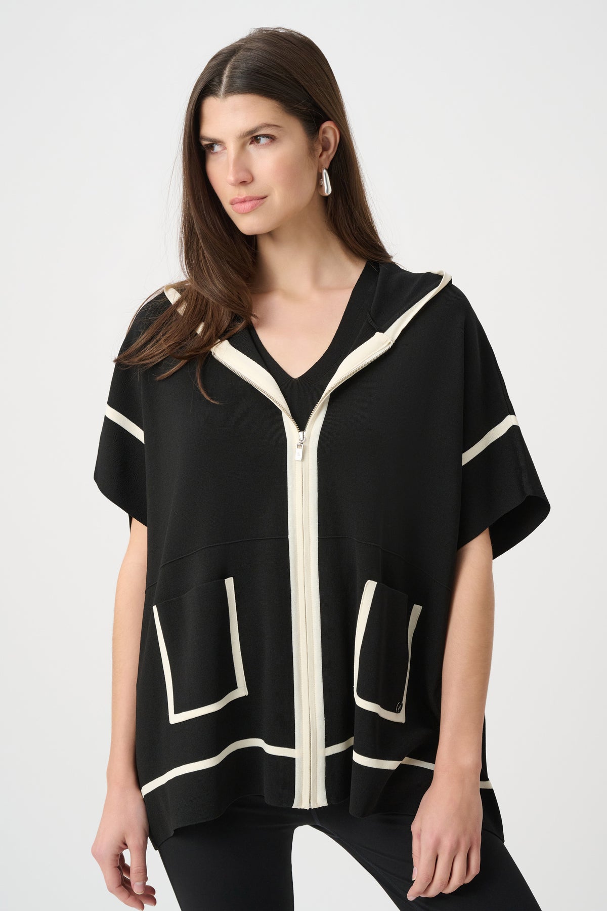 Joseph Ribkoff Black/Birch Dry Viscose Hooded Boxy Jacket