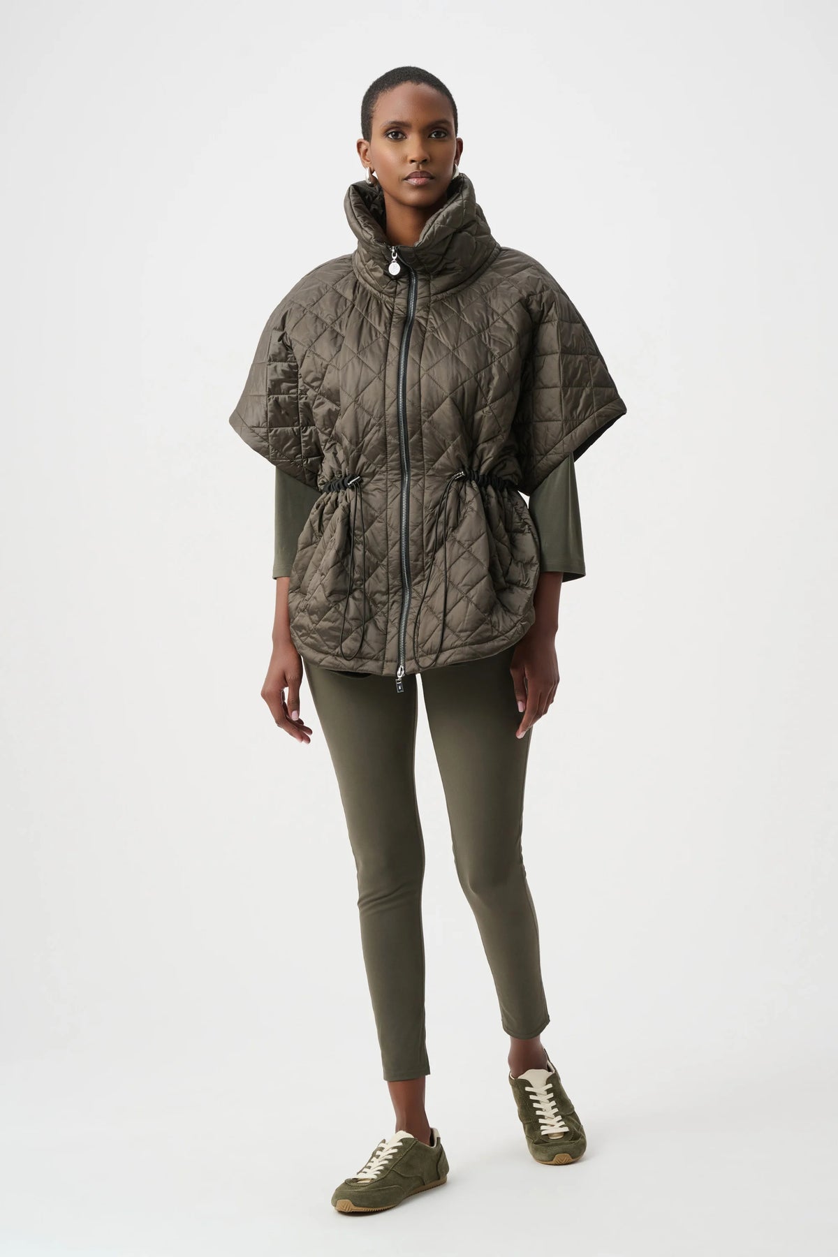 Joseph Ribkoff Avocado Quilted Nylon Shawl-Neck Boxy Vest