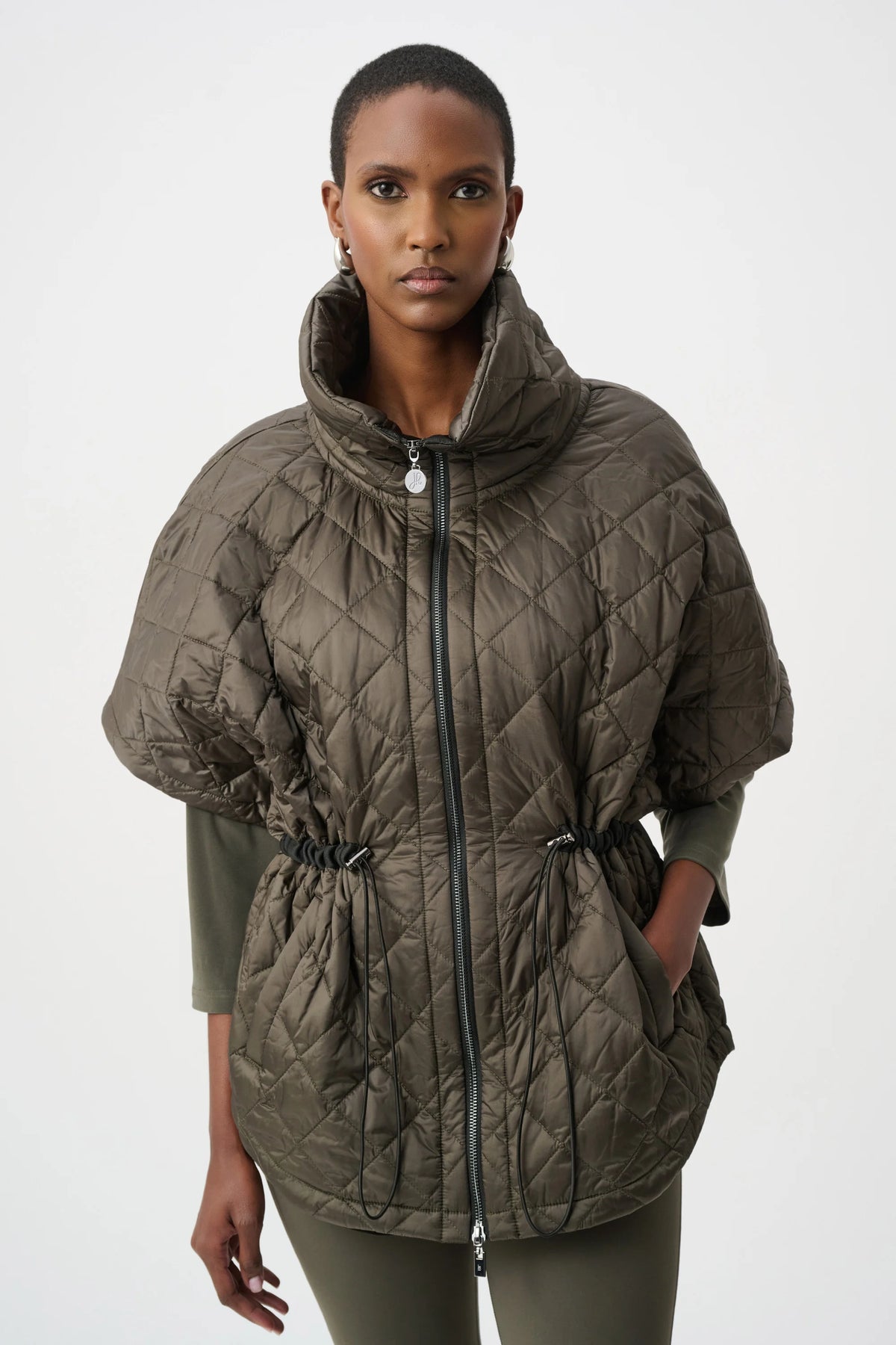 Joseph Ribkoff Avocado Quilted Nylon Shawl-Neck Boxy Vest
