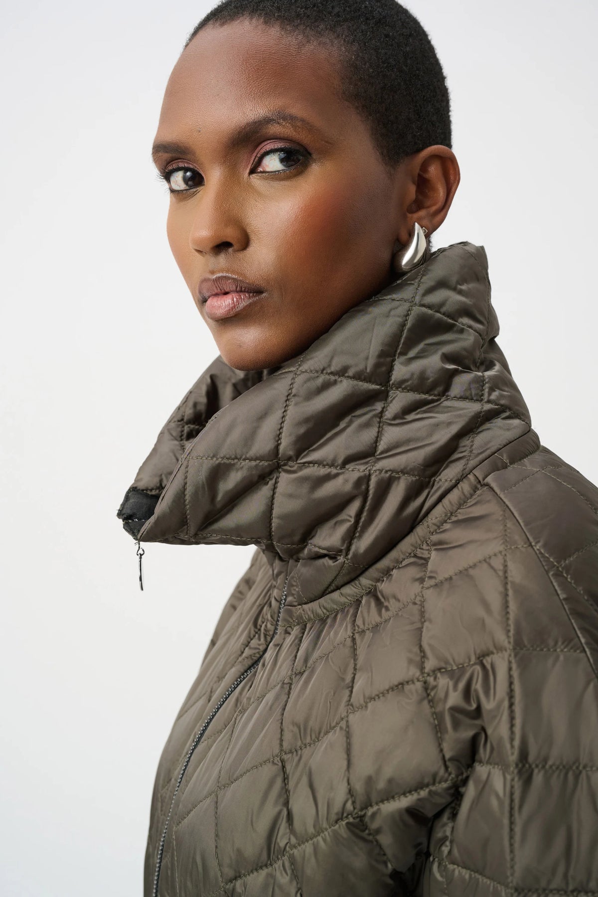Joseph Ribkoff Avocado Quilted Nylon Shawl-Neck Boxy Vest