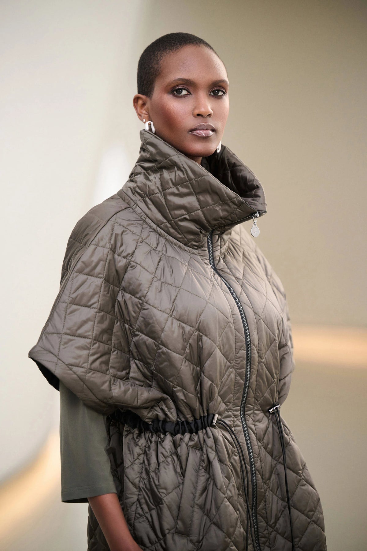 Joseph Ribkoff Avocado Quilted Nylon Shawl-Neck Boxy Vest