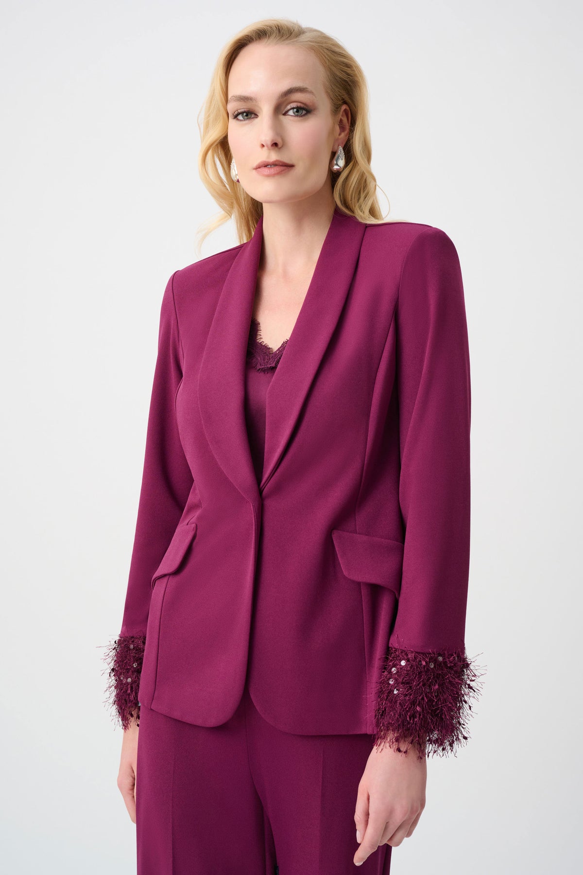 Joseph Ribkoff Berry Burst Signature | Scuba Crepe Fitted Blazer With Fringe