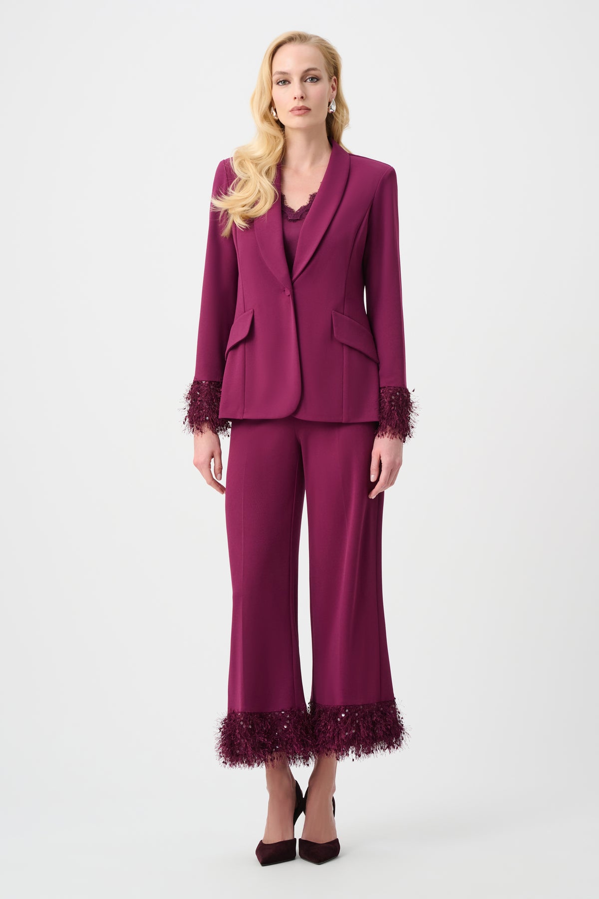 Joseph Ribkoff Berry Burst Signature | Scuba Crepe Fitted Blazer With Fringe