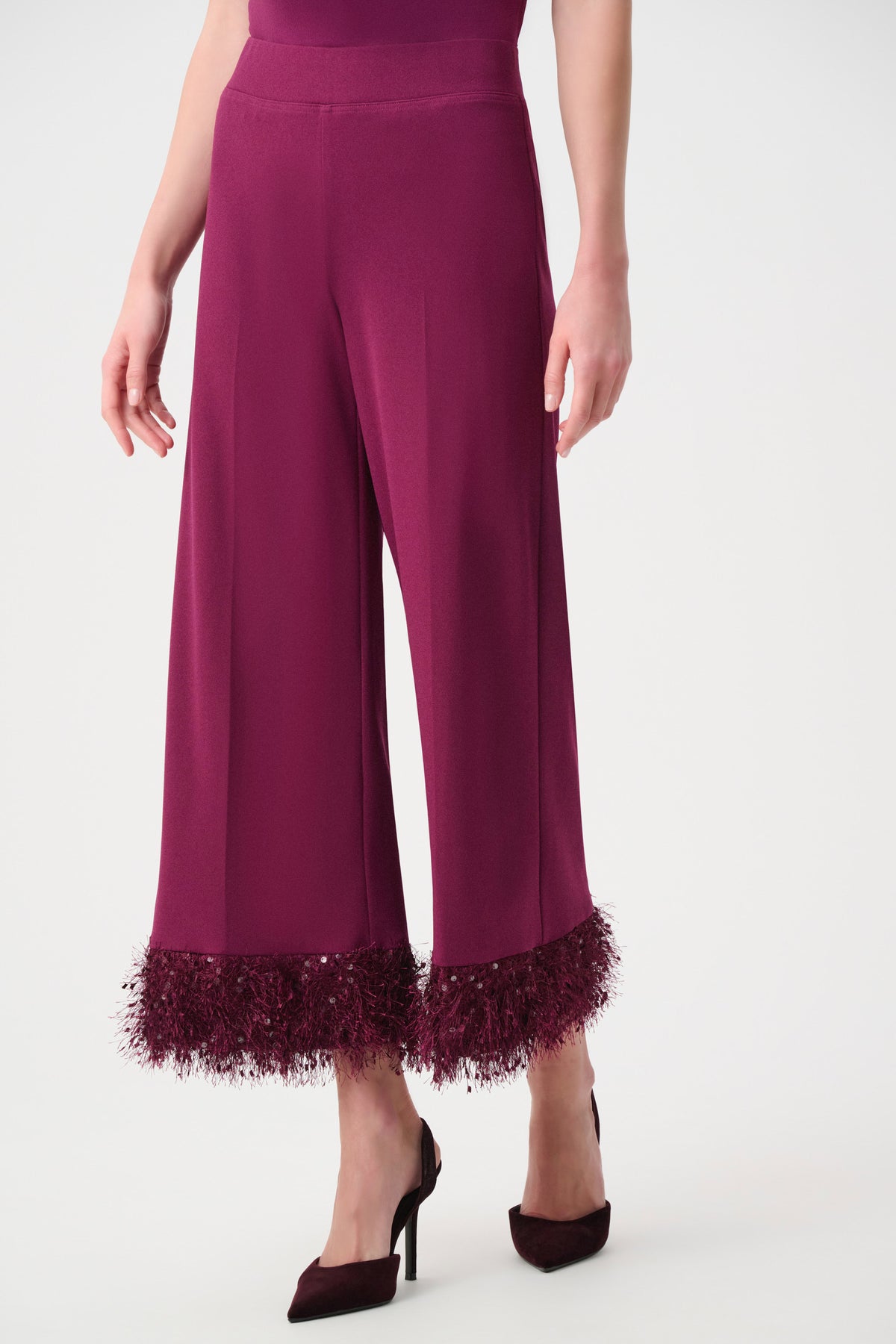 Joseph Ribkoff Berry Burst Signature | Scuba Crepe Wide Leg Pants With Fringe