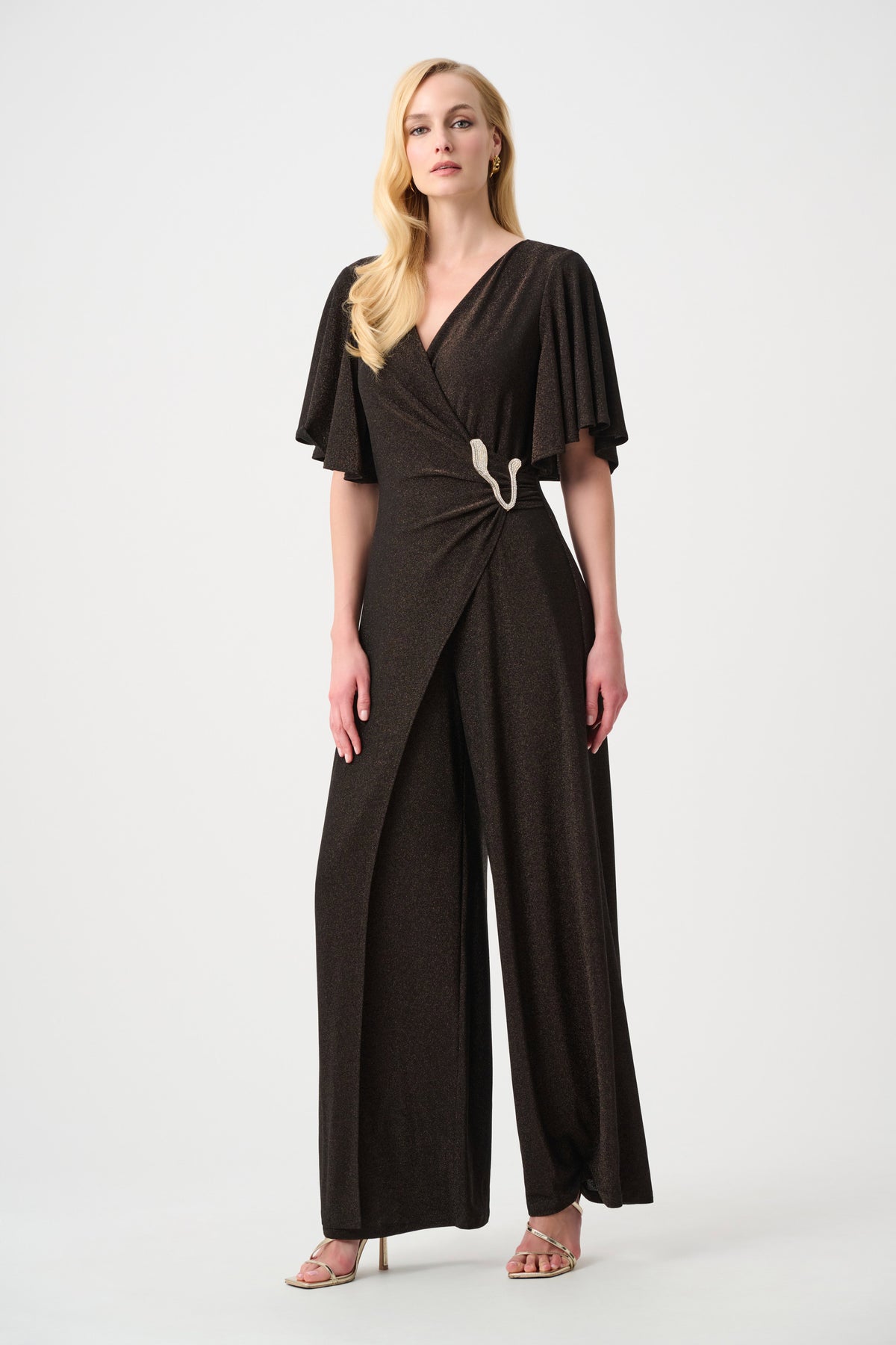 Joseph Ribkoff Bronze Signature |Sparkle Knit Wide Leg Wrap Jumpsuit