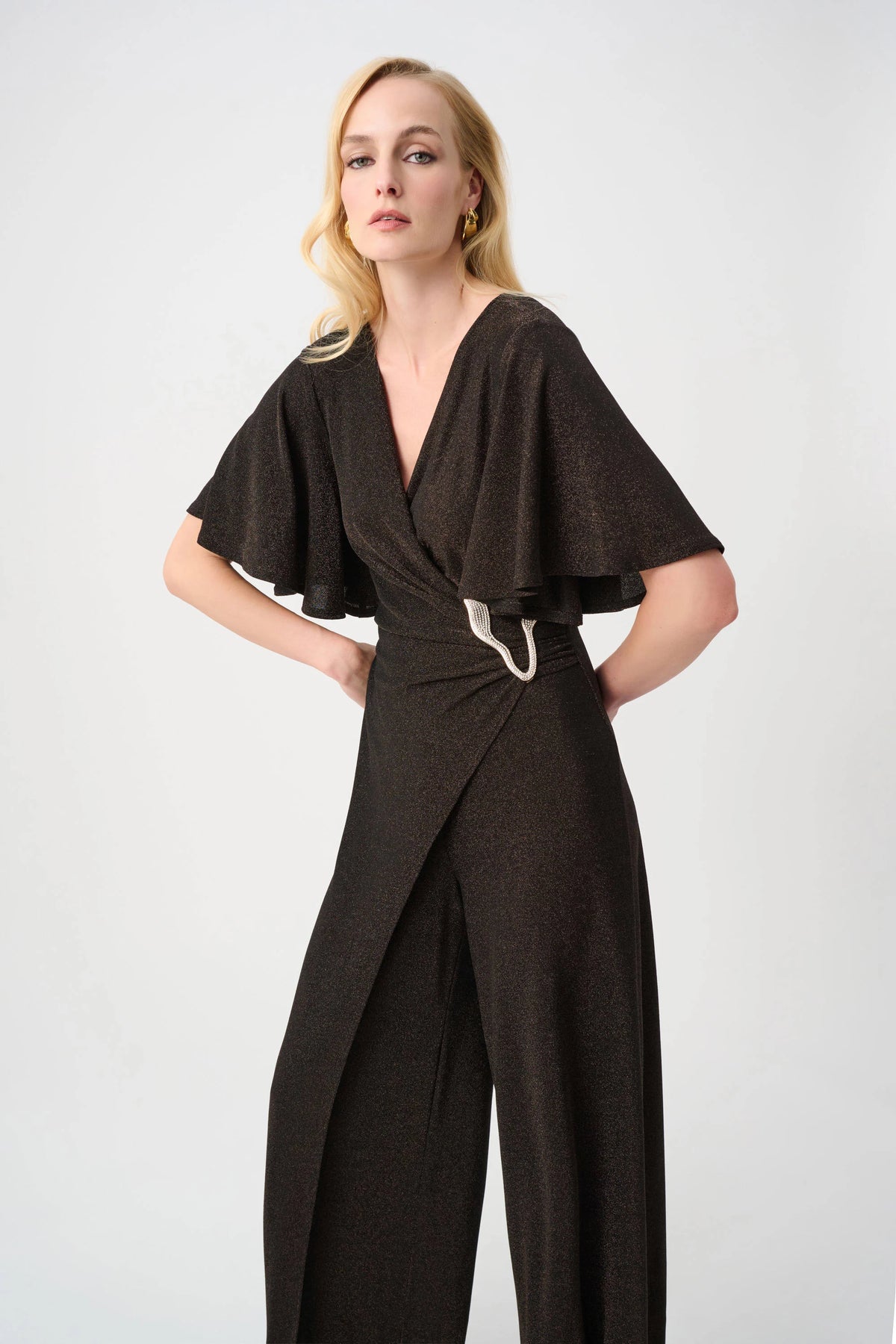Joseph Ribkoff Bronze Signature |Sparkle Knit Wide Leg Wrap Jumpsuit