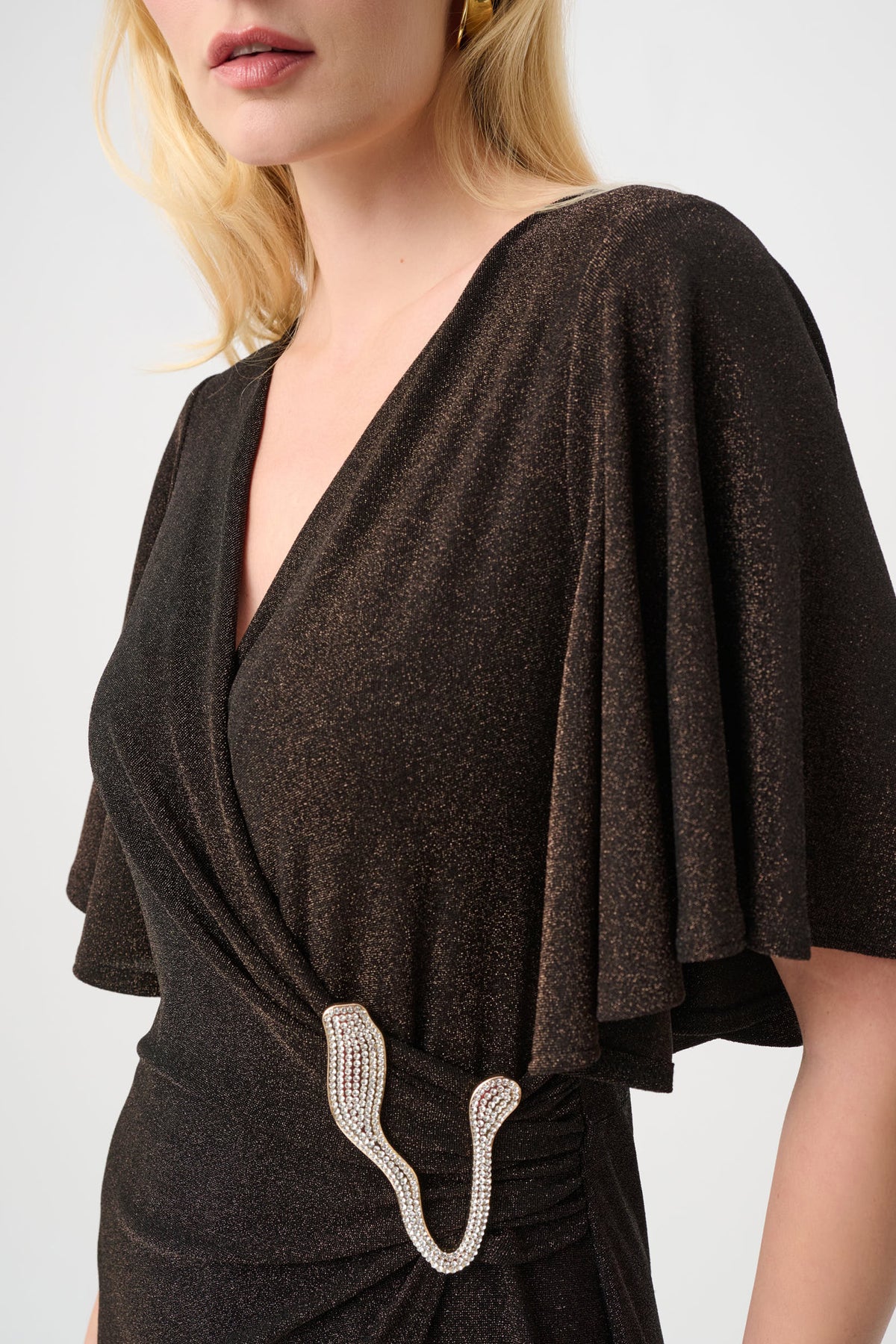 Joseph Ribkoff Bronze Signature |Sparkle Knit Wide Leg Wrap Jumpsuit