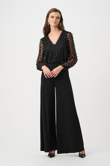 Joseph Ribkoff Black Signature | Silky Knit and Sheer Novelty Wide Leg Jumpsuit