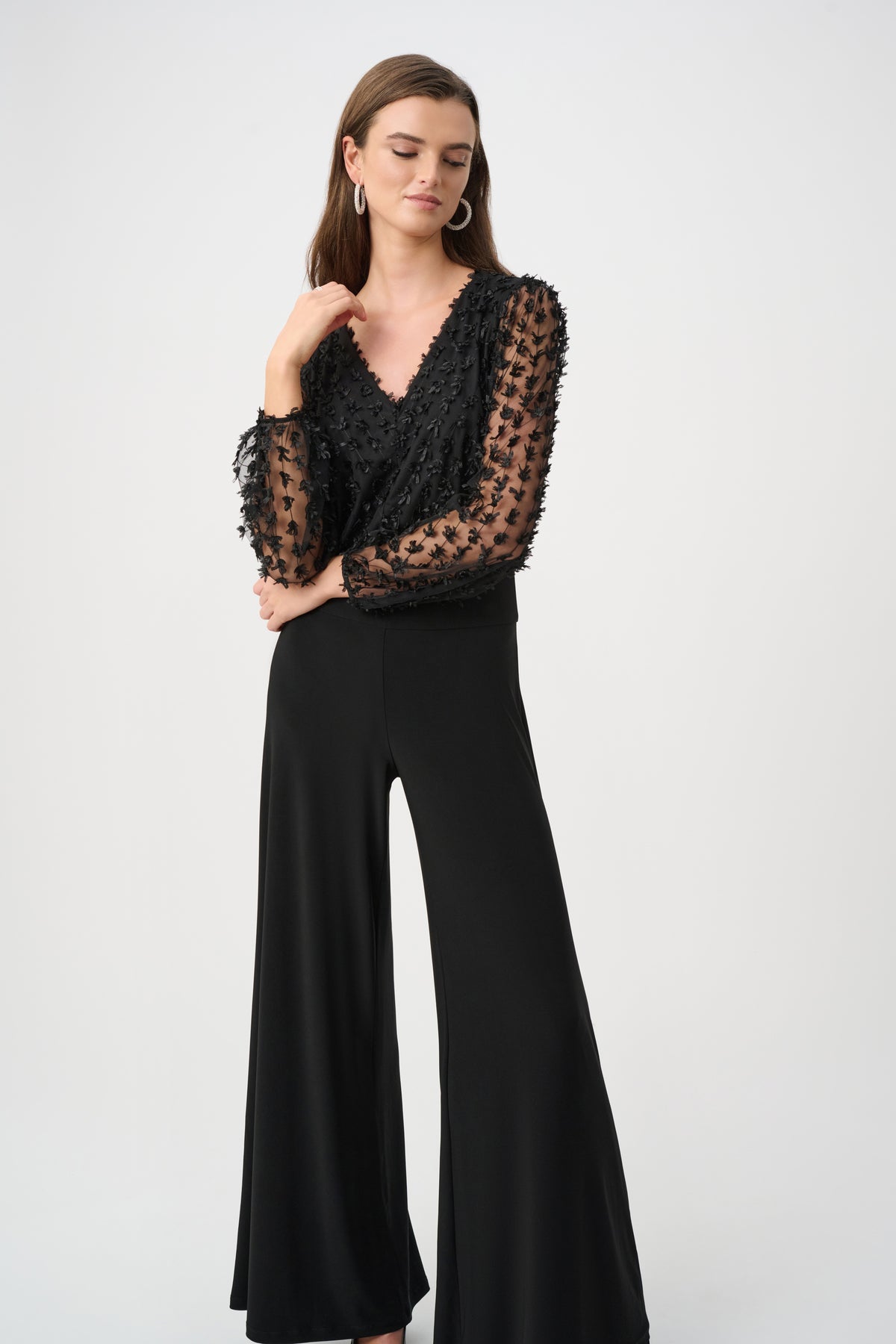 Joseph Ribkoff Black Signature | Silky Knit and Sheer Novelty Wide Leg Jumpsuit