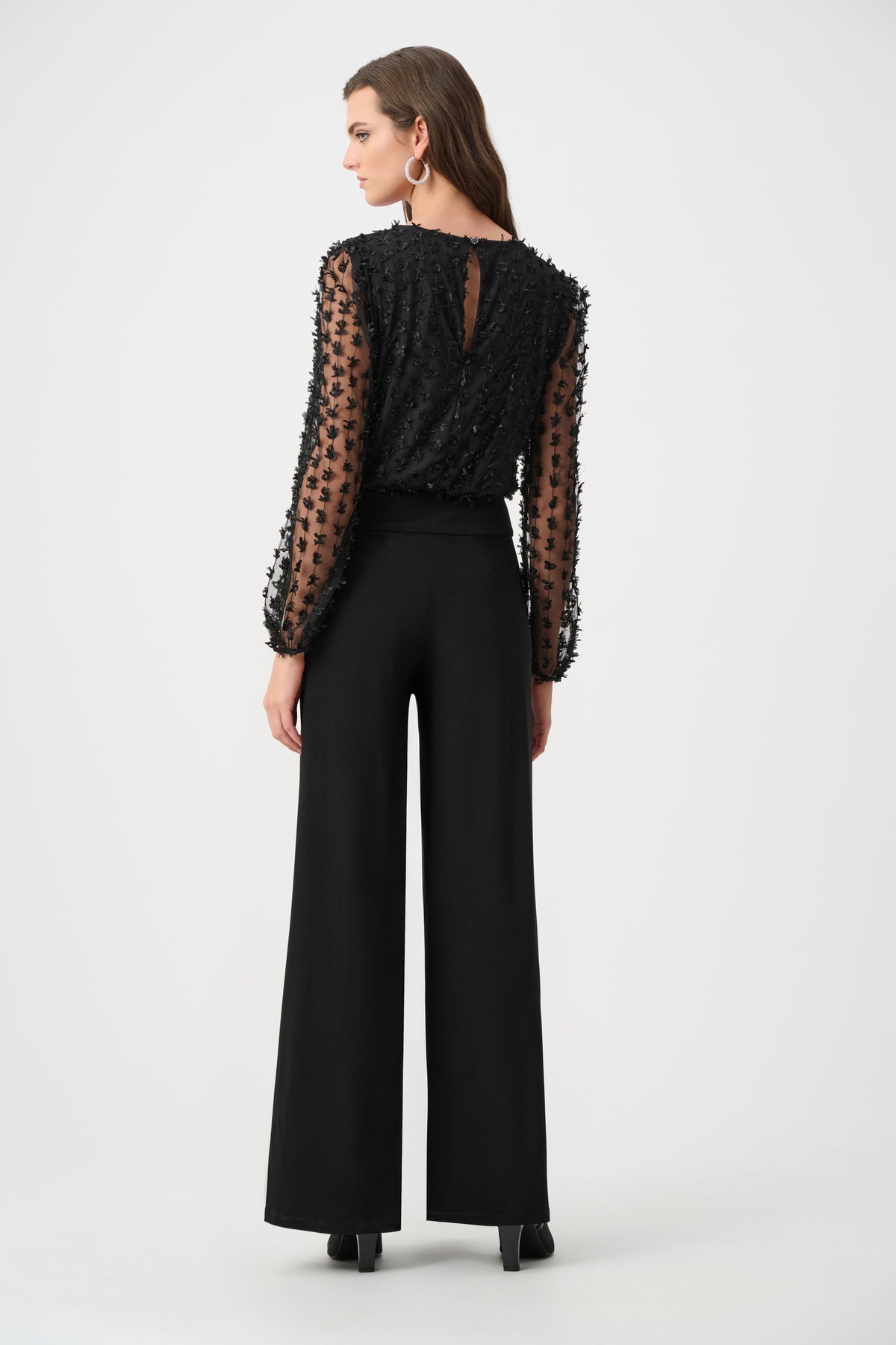Joseph Ribkoff Black Signature | Silky Knit and Sheer Novelty Wide Leg Jumpsuit