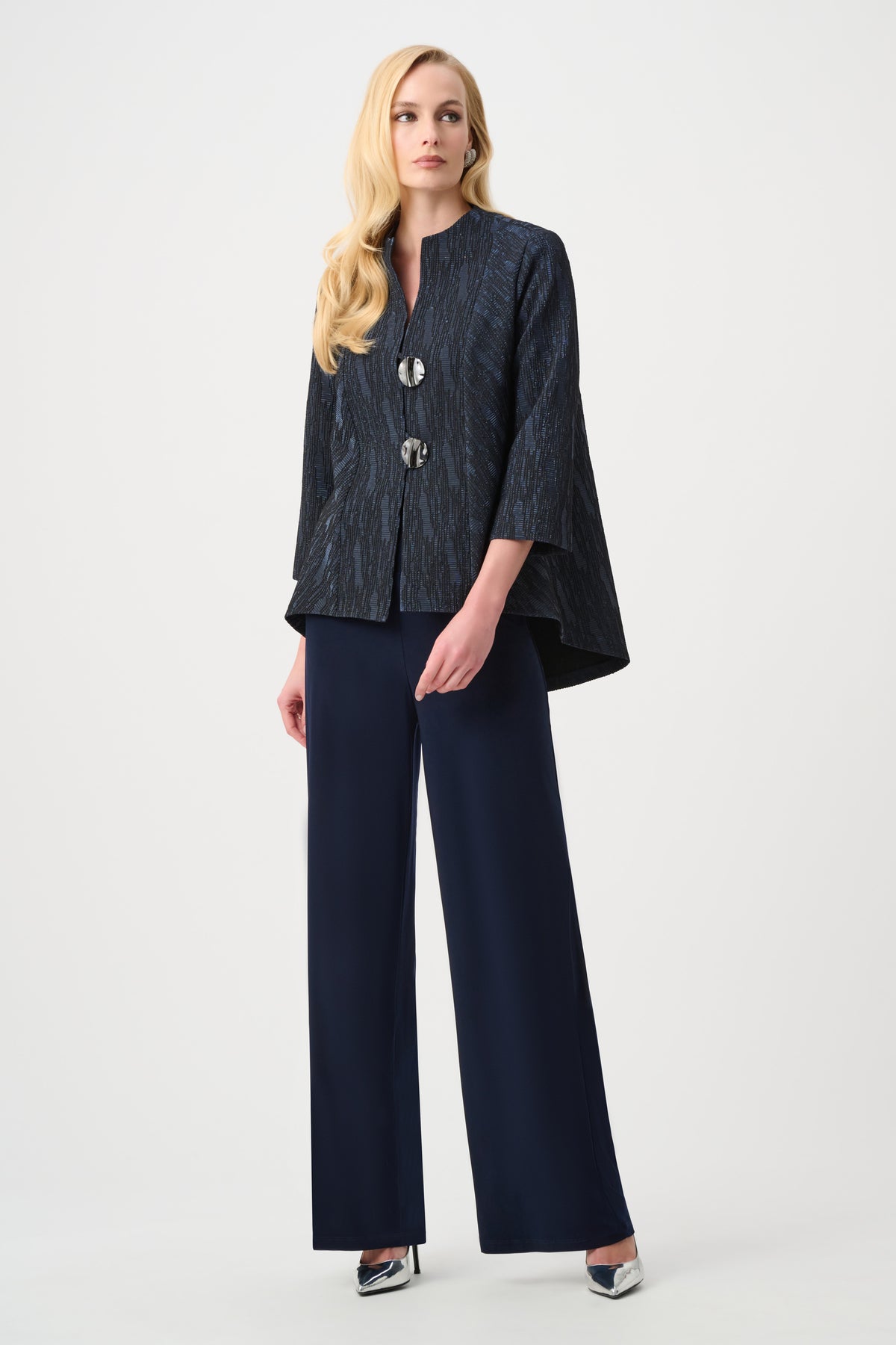Joseph Ribkoff Navy Signature | Foil-Textured Jacquard Trapeze Jacket