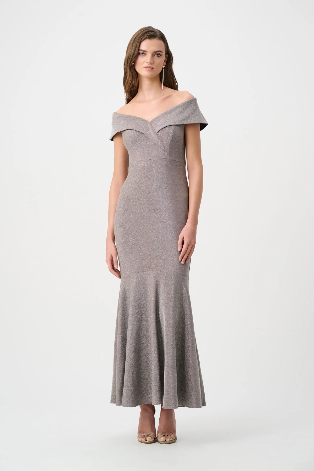 Joseph Ribkoff Taupe Signature | Sparkle Knit Off-Shoulder Trumpet Dress