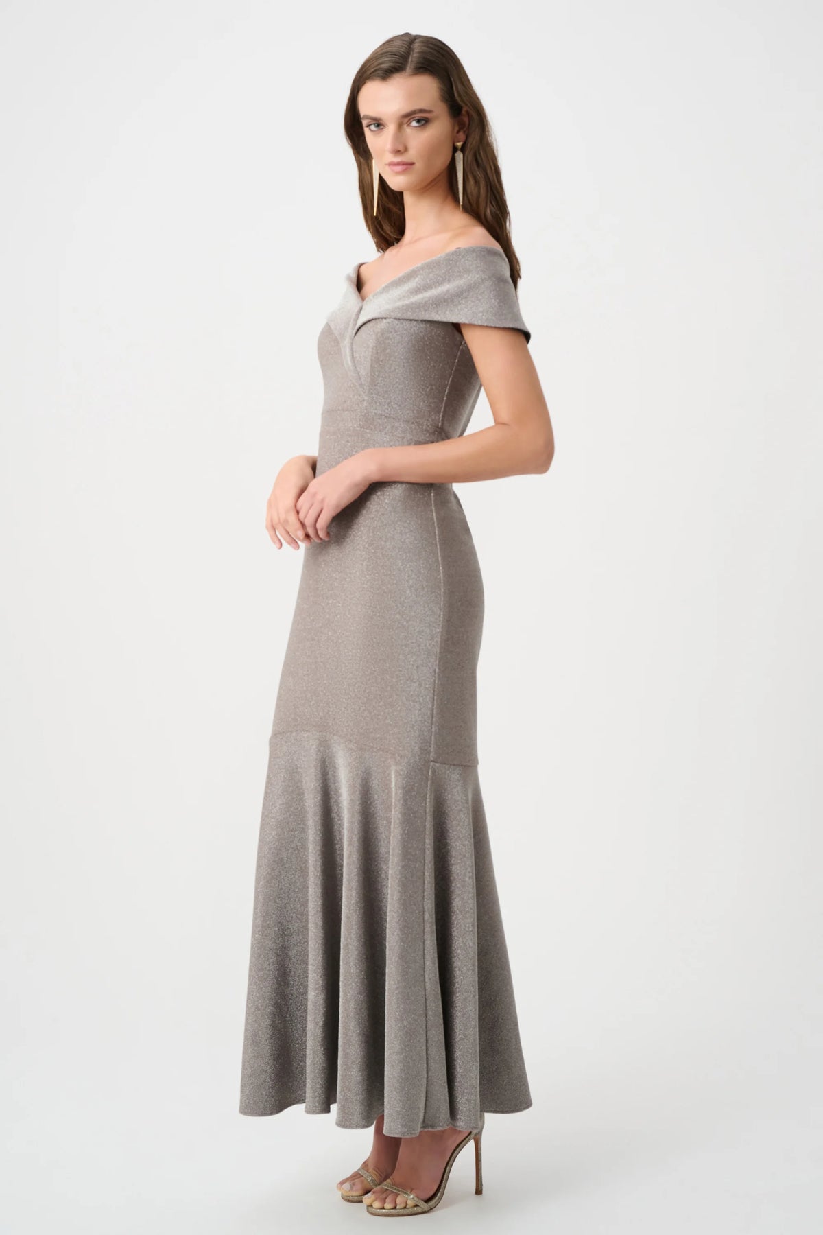 Joseph Ribkoff Taupe Signature | Sparkle Knit Off-Shoulder Trumpet Dress