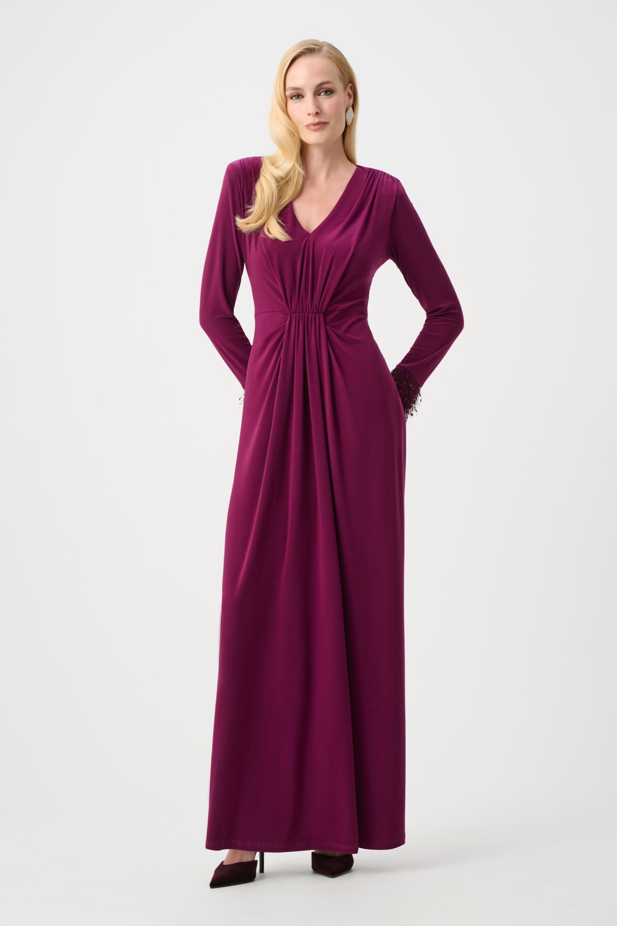 Joseph Ribkoff Berry Burst Signature | Silky Knit Fitted Gown With Fringe