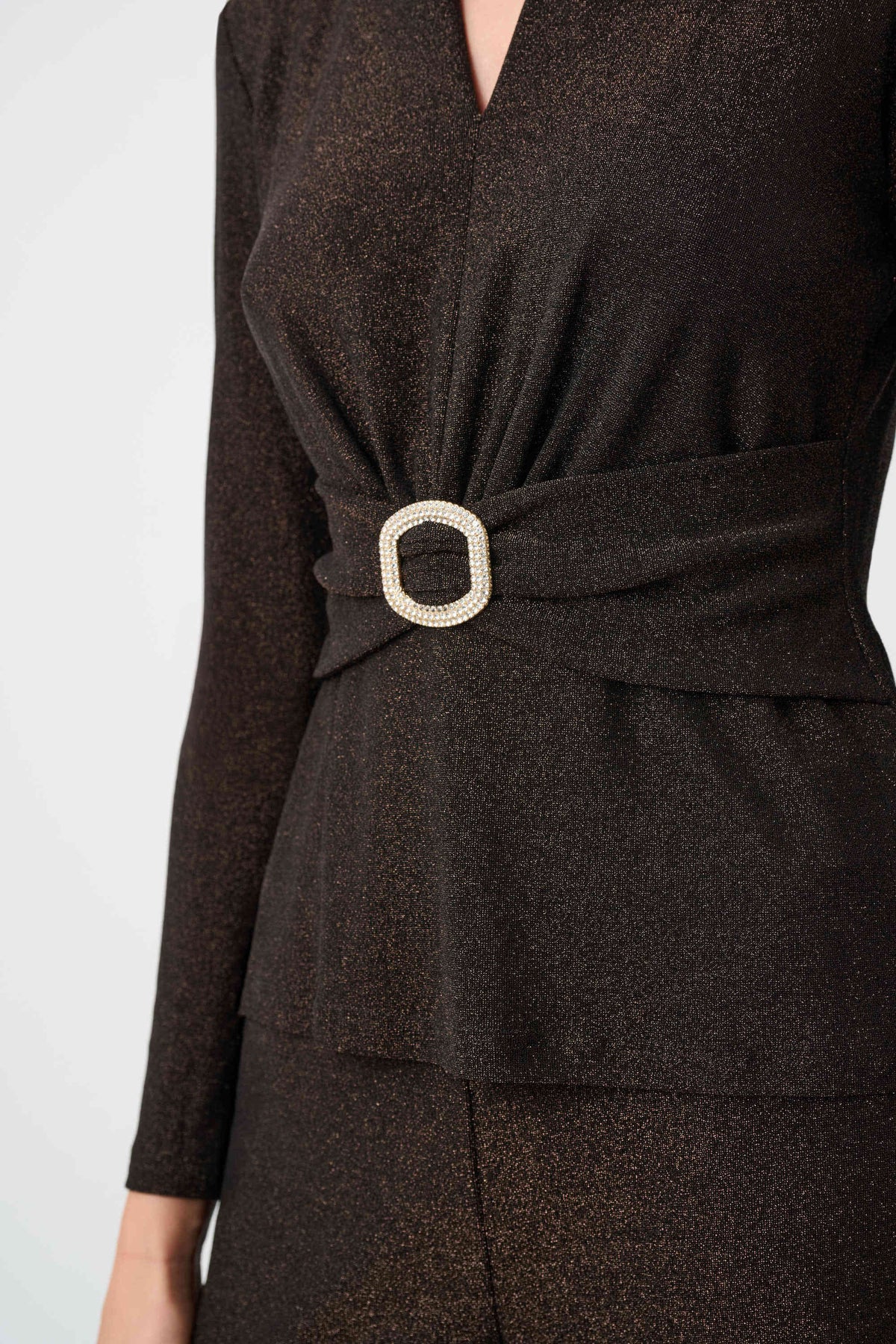 Joseph Ribkoff Bronze Signature | Sparkle Knit Fitted Top With Ruched Waistband