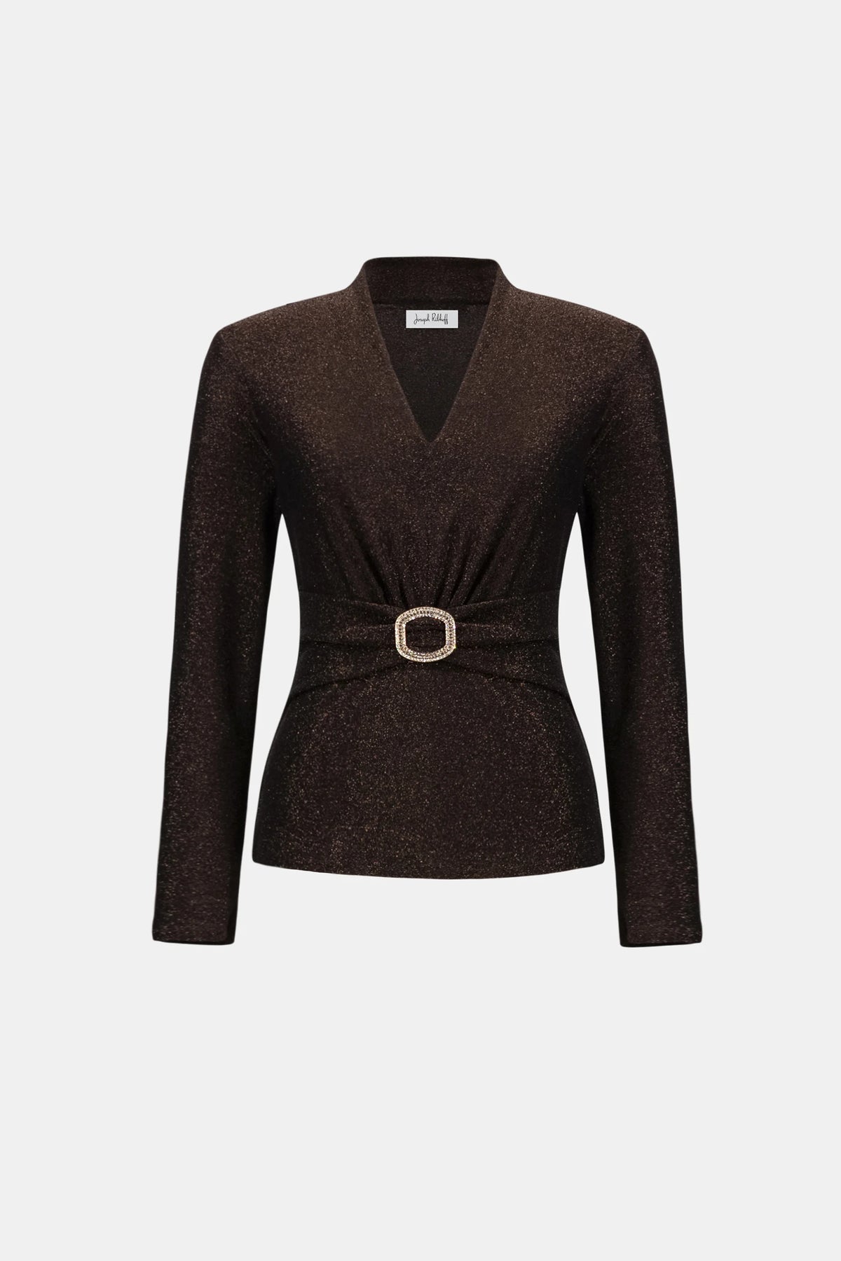 Joseph Ribkoff Bronze Signature | Sparkle Knit Fitted Top With Ruched Waistband
