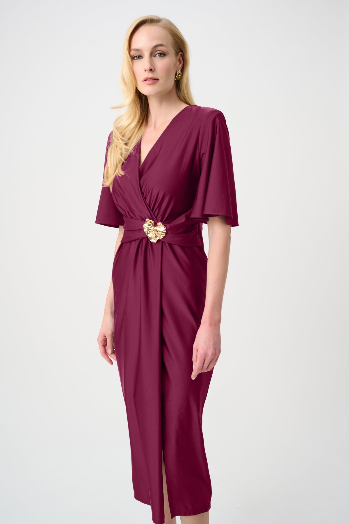 Joseph Ribkoff Berry Burst Signature | Satin Knit Wrap Dress With Ruched Waistband
