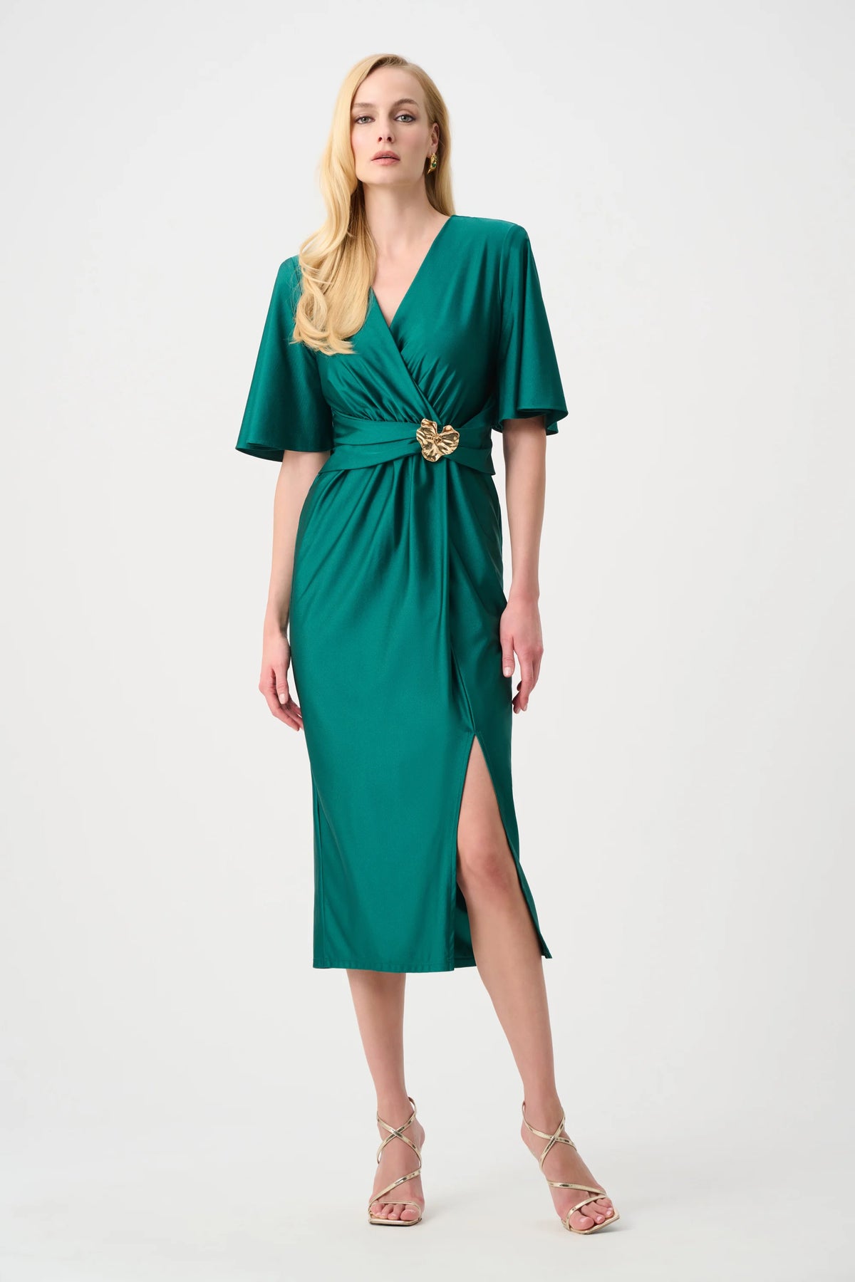 Joseph Ribkoff Opulent Green Signature | Satin Knit Wrap Dress With Ruched Waistband