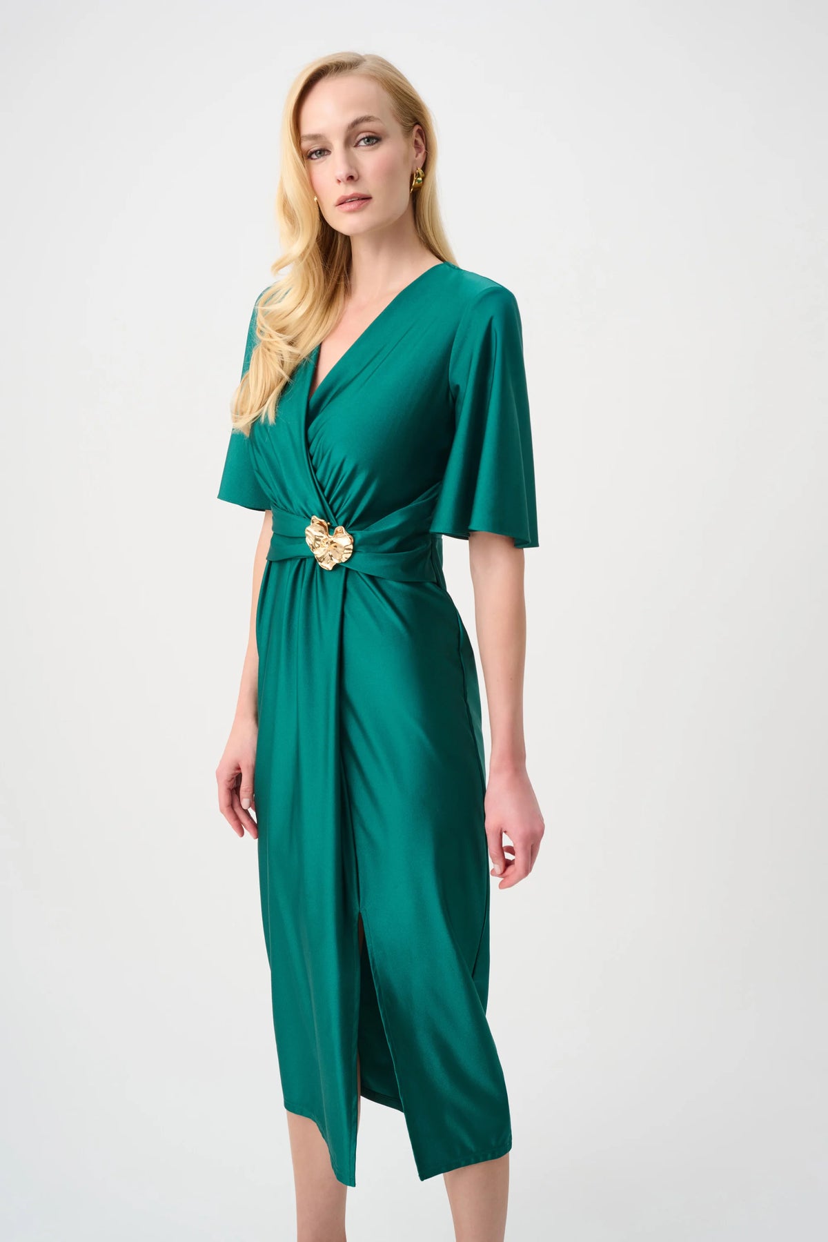 Joseph Ribkoff Opulent Green Signature | Satin Knit Wrap Dress With Ruched Waistband