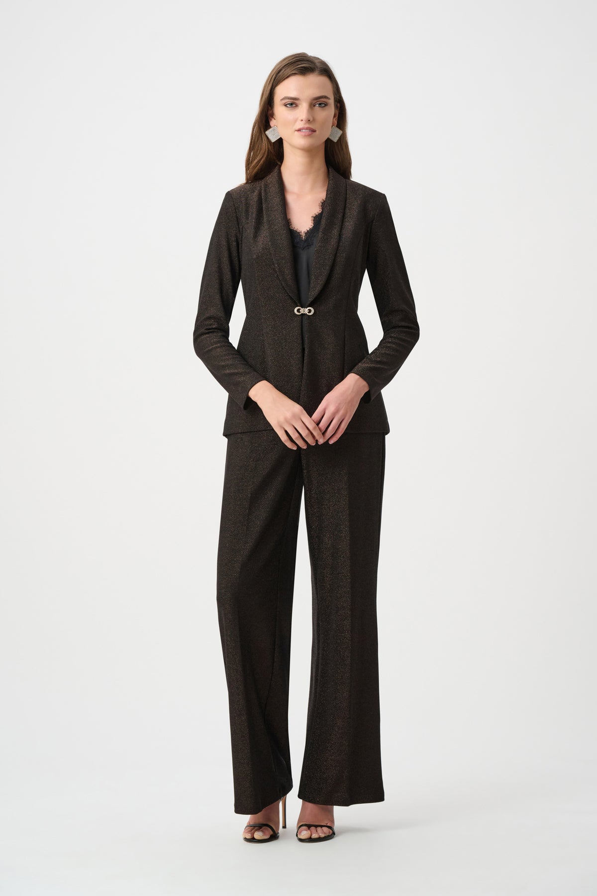 Joseph Ribkoff Bronze Signature | Sparkle Knit Shawl Collar Fitted Blazer