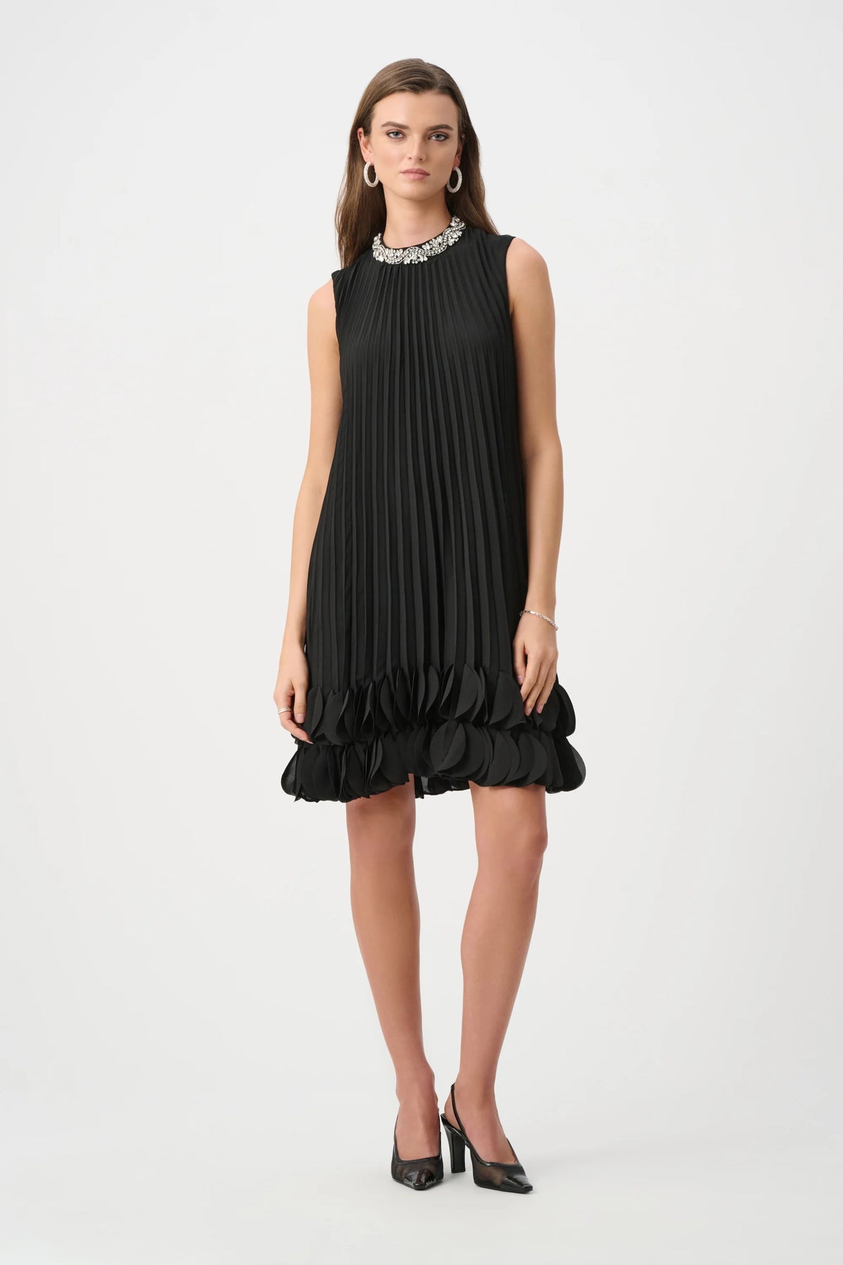 Joseph Ribkoff Black Signature | Pleated Georgette Embellished A-Line Dress