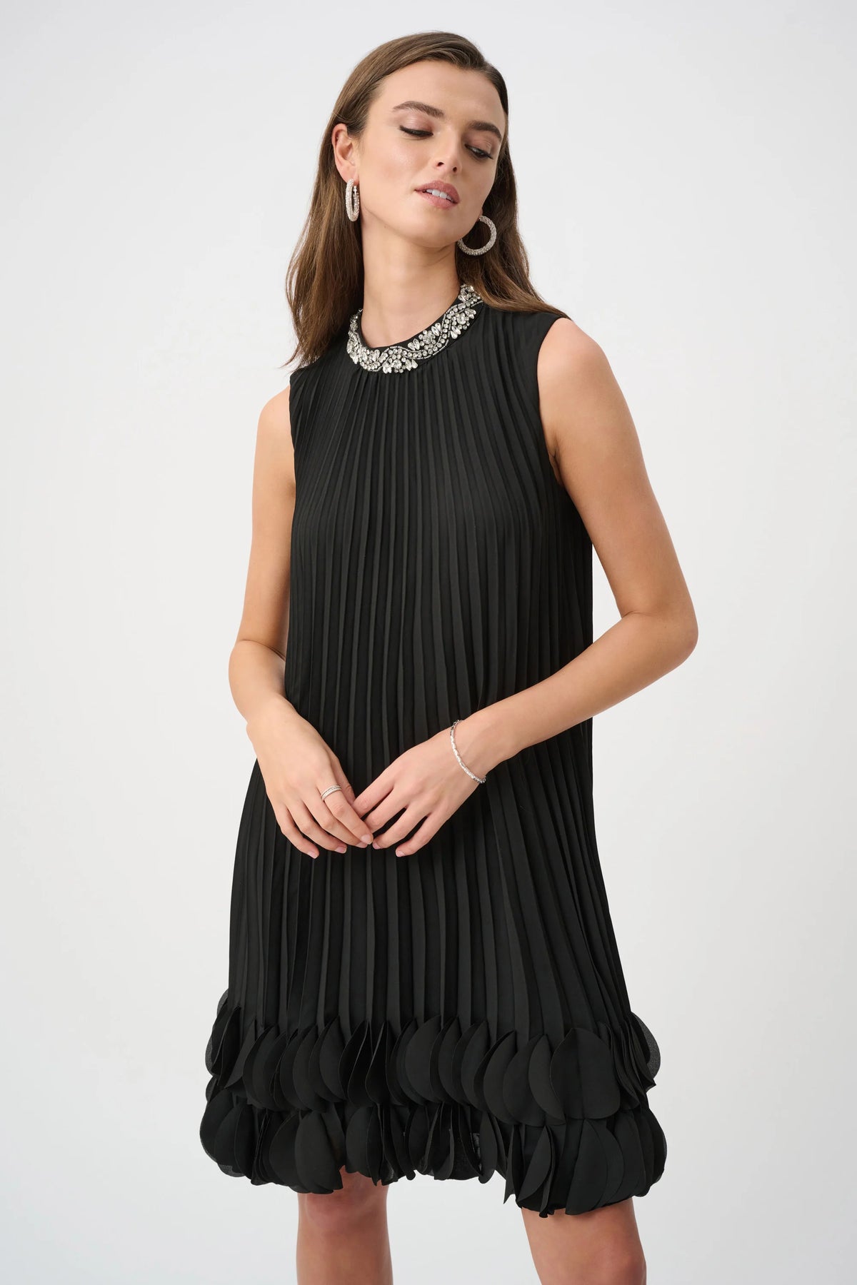 Joseph Ribkoff Black Signature | Pleated Georgette Embellished A-Line Dress