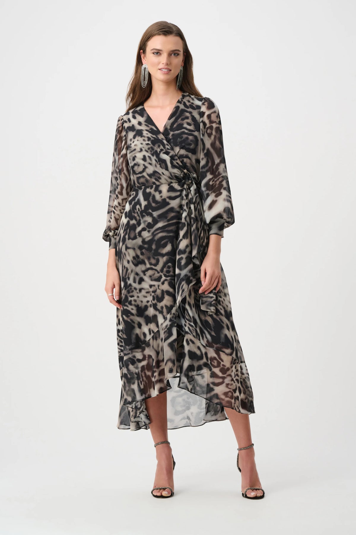 Joseph Ribkoff Grey/Multi Signature | Chiffon Printed Fit and Flare Wrap Dress
