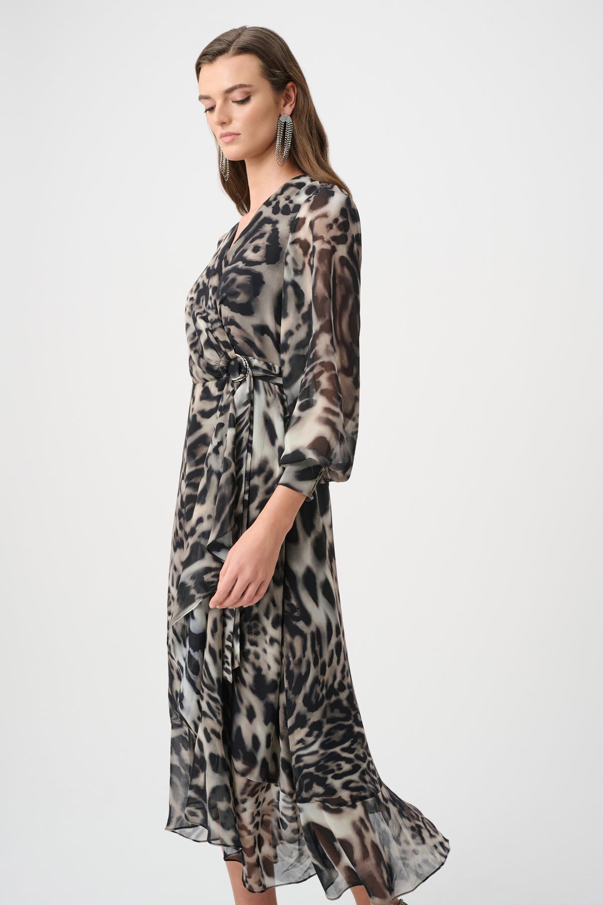 Joseph Ribkoff Grey/Multi Signature | Chiffon Printed Fit and Flare Wrap Dress