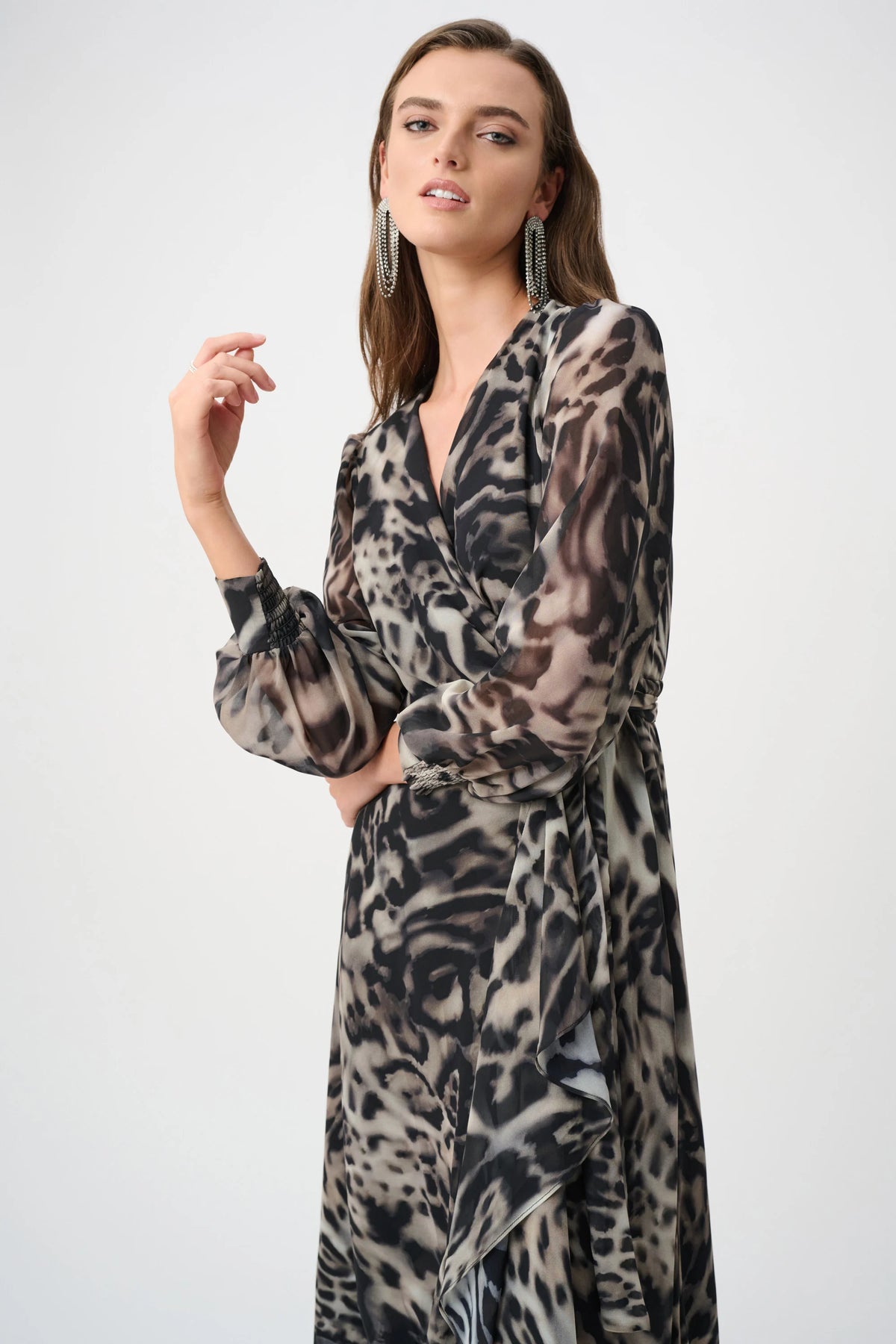 Joseph Ribkoff Grey/Multi Signature | Chiffon Printed Fit and Flare Wrap Dress