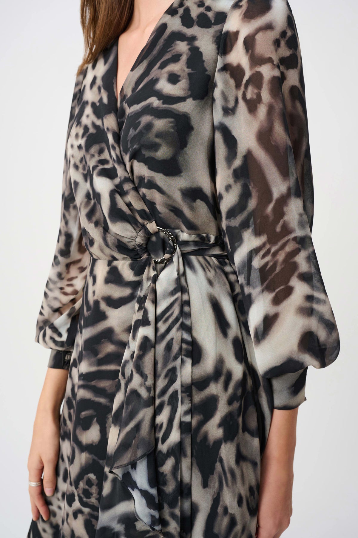 Joseph Ribkoff Grey/Multi Signature | Chiffon Printed Fit and Flare Wrap Dress