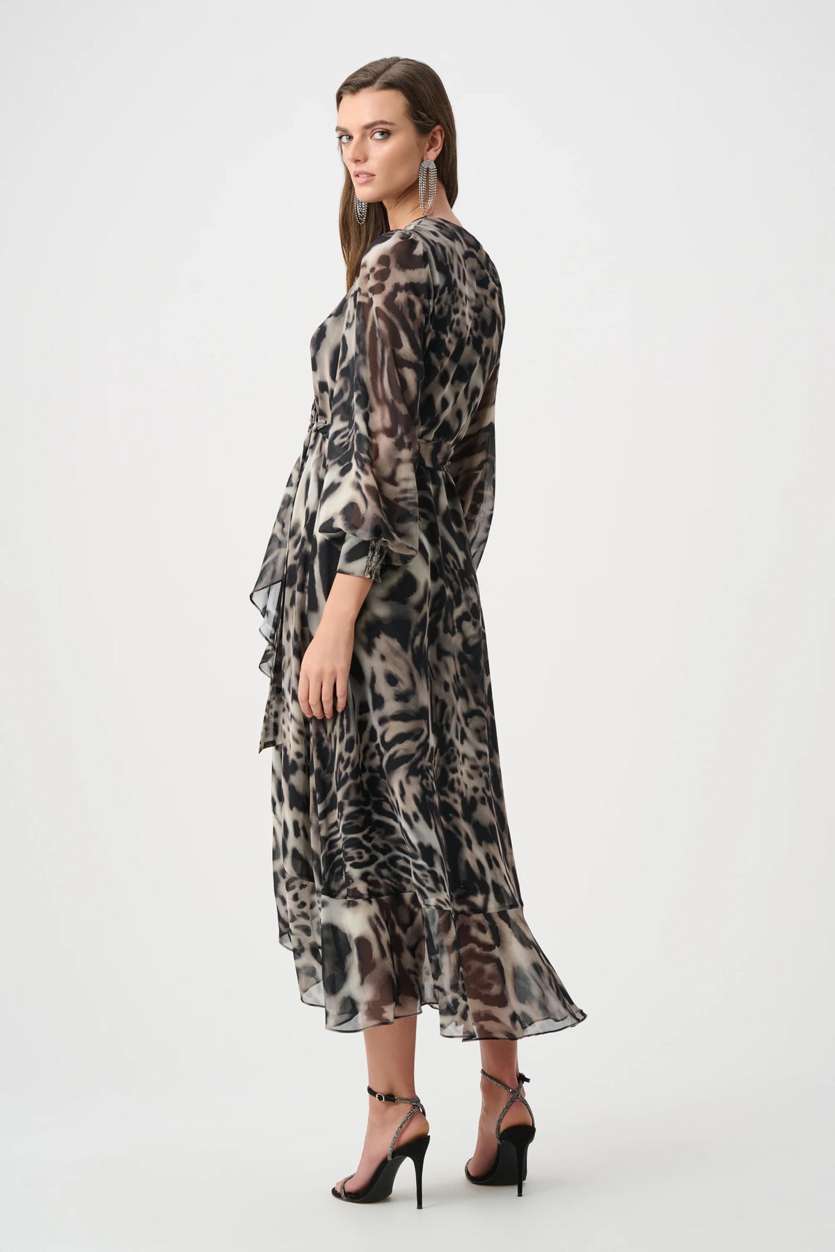 Joseph Ribkoff Grey/Multi Signature | Chiffon Printed Fit and Flare Wrap Dress
