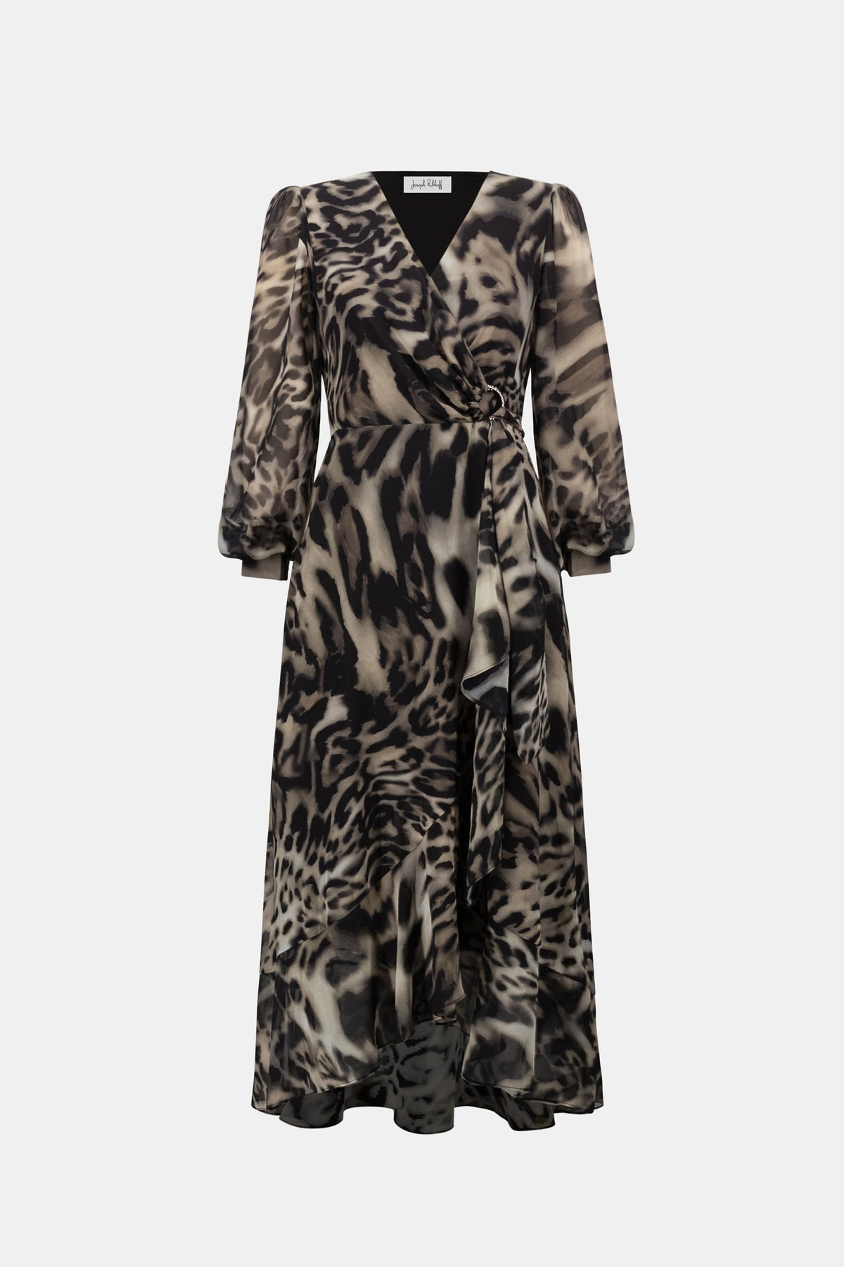 Joseph Ribkoff Grey/Multi Signature | Chiffon Printed Fit and Flare Wrap Dress