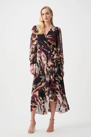 Joseph Ribkoff Signature | Chiffon Printed Fit and Flare Wrap Dress