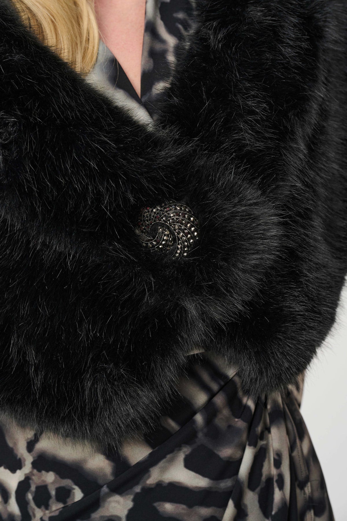 Joseph Ribkoff Black Signature | Faux Fur Shawl Collar Stole