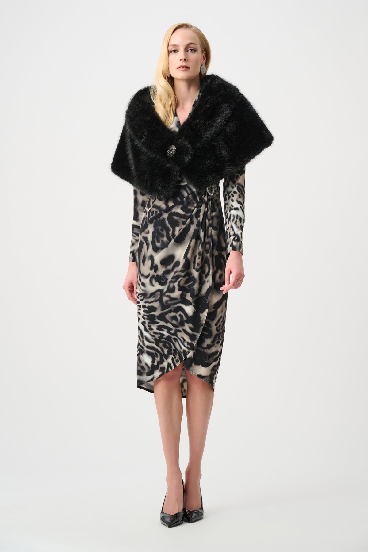 Joseph Ribkoff Black Signature | Faux Fur Shawl Collar Stole