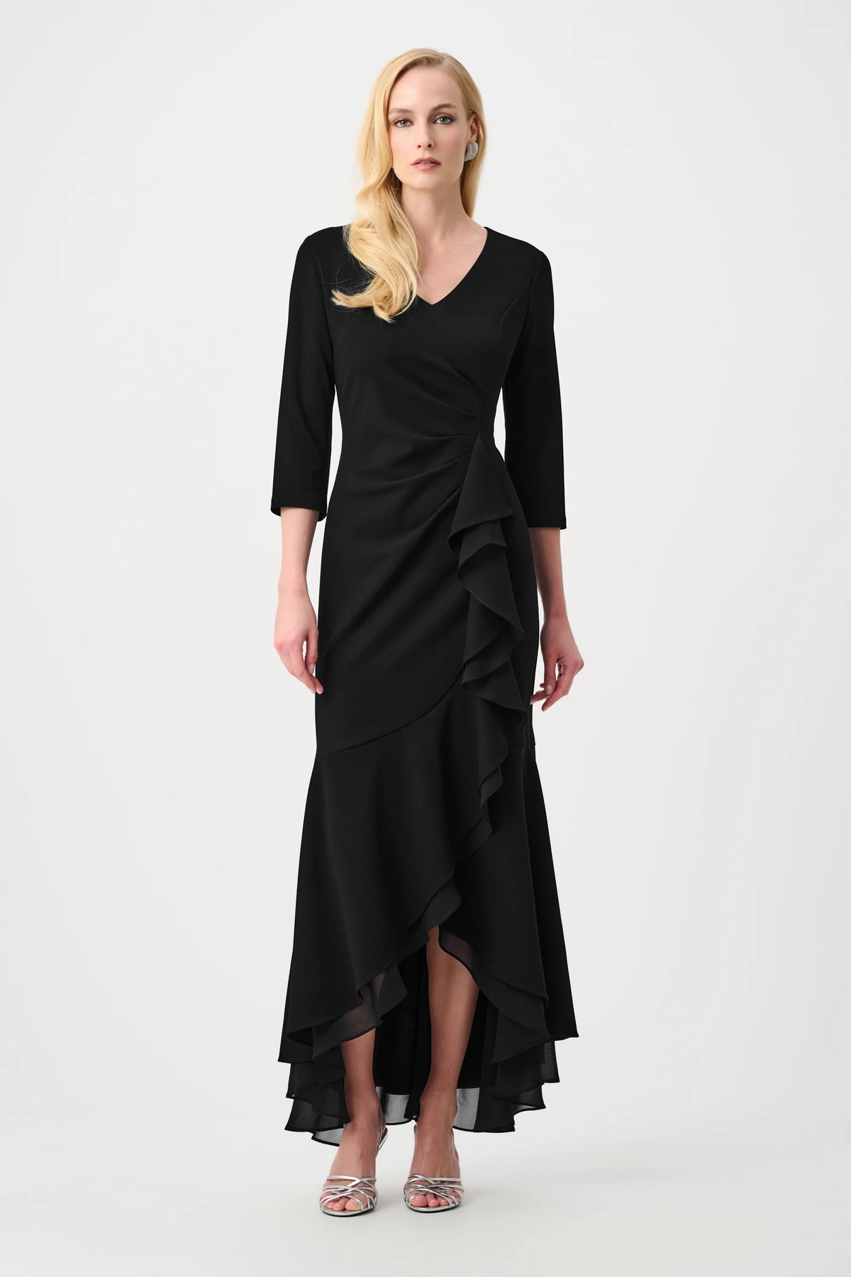 Joseph Ribkoff Black Signature | Scuba Crepe and Chiffon Ruffled Trumpet Gown
