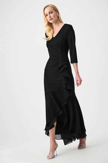 Joseph Ribkoff Black Signature | Scuba Crepe and Chiffon Ruffled Trumpet Gown