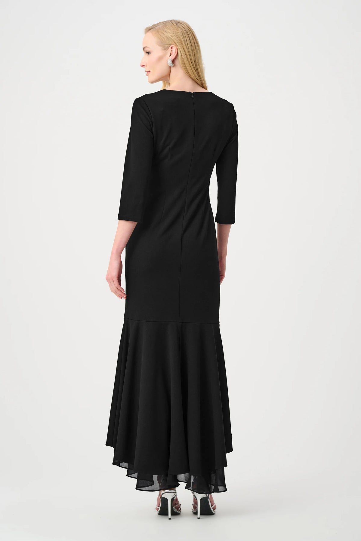 Joseph Ribkoff Black Signature | Scuba Crepe and Chiffon Ruffled Trumpet Gown