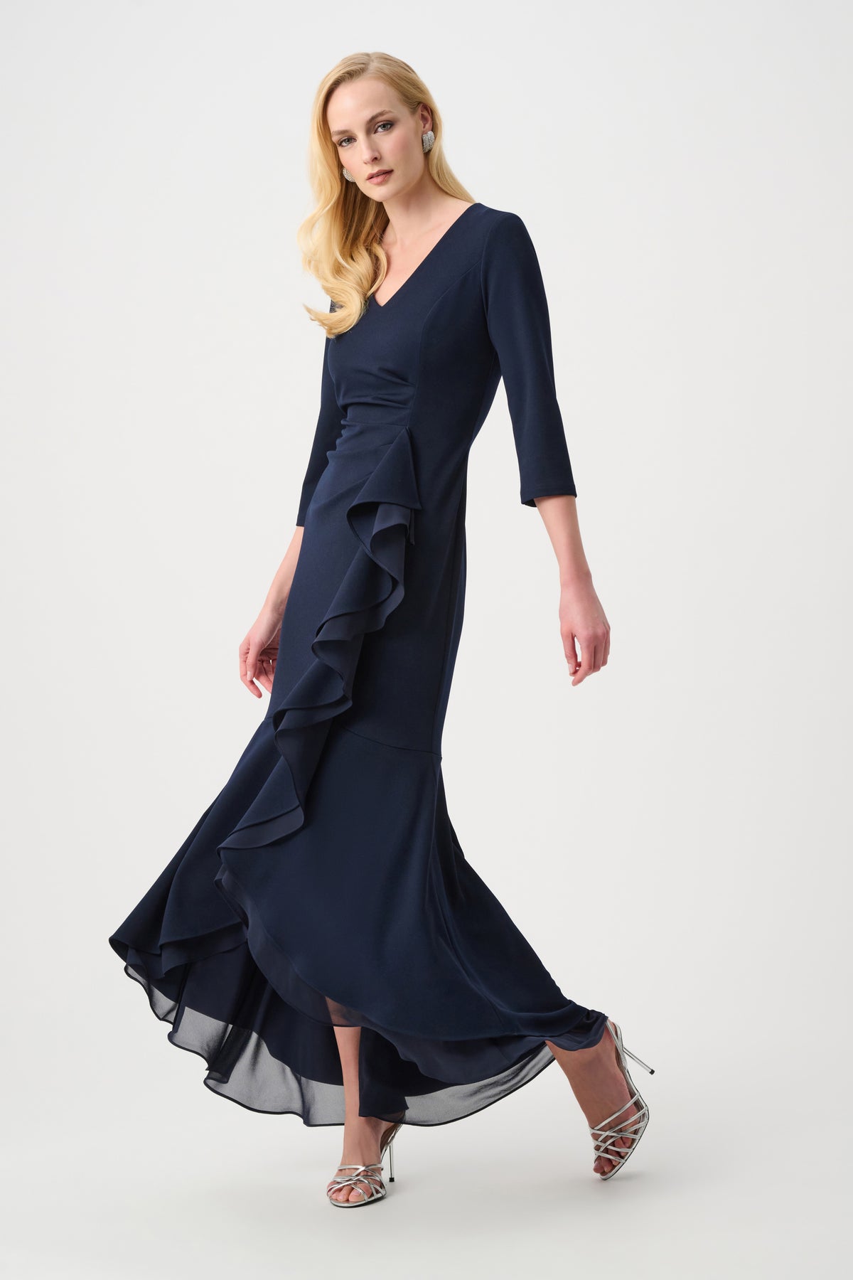 Joseph Ribkoff Midnight Blue Signature | Scuba Crepe and Chiffon Ruffled Trumpet Gown