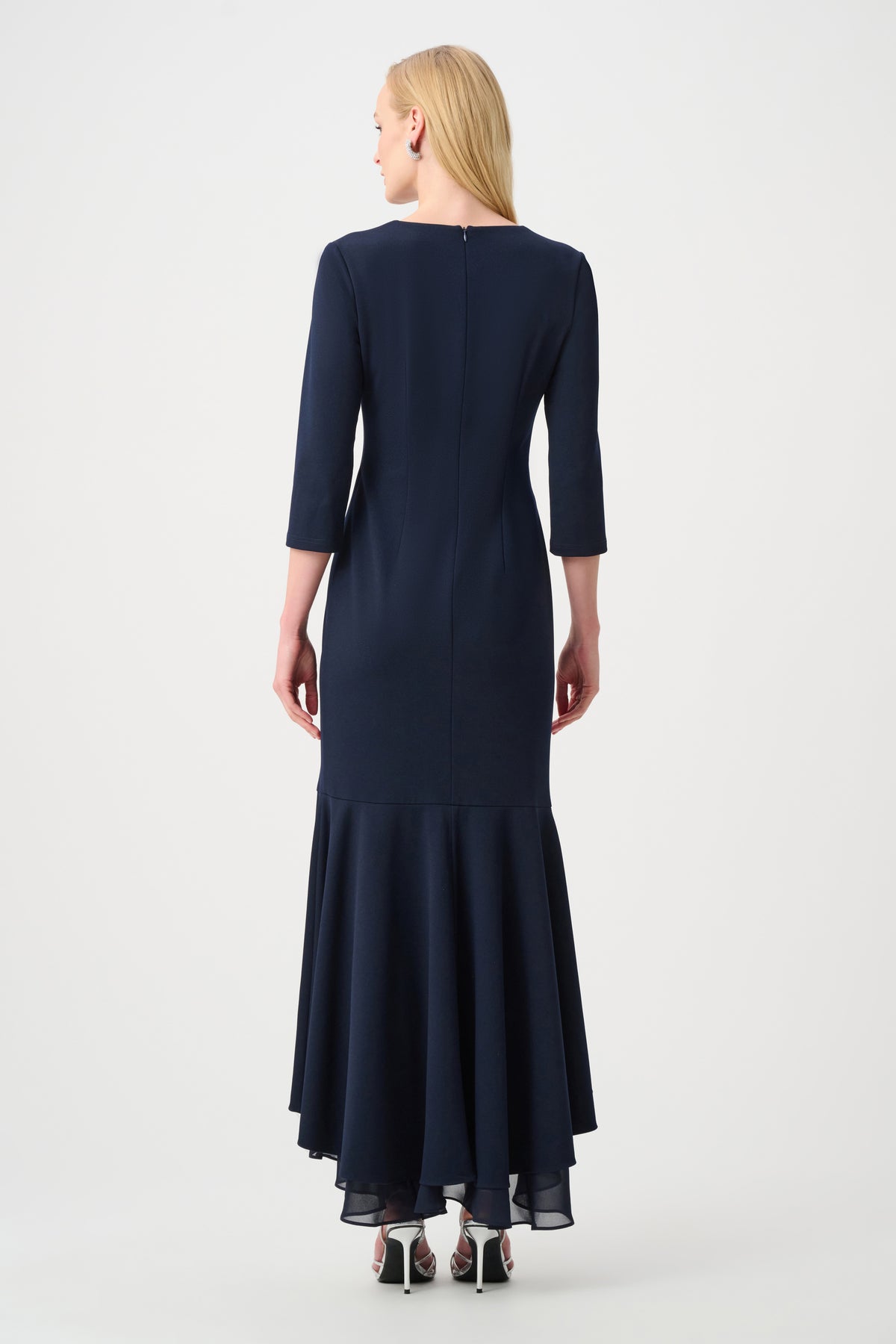 Joseph Ribkoff Midnight Blue Signature | Scuba Crepe and Chiffon Ruffled Trumpet Gown