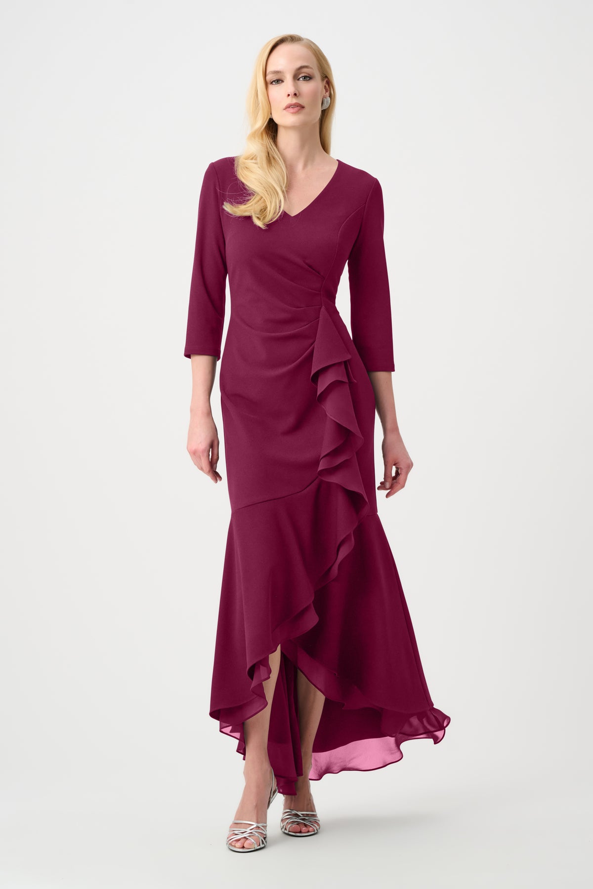 Joseph Ribkoff Berry Signature | Scuba Crepe and Chiffon Ruffled Trumpet Gown