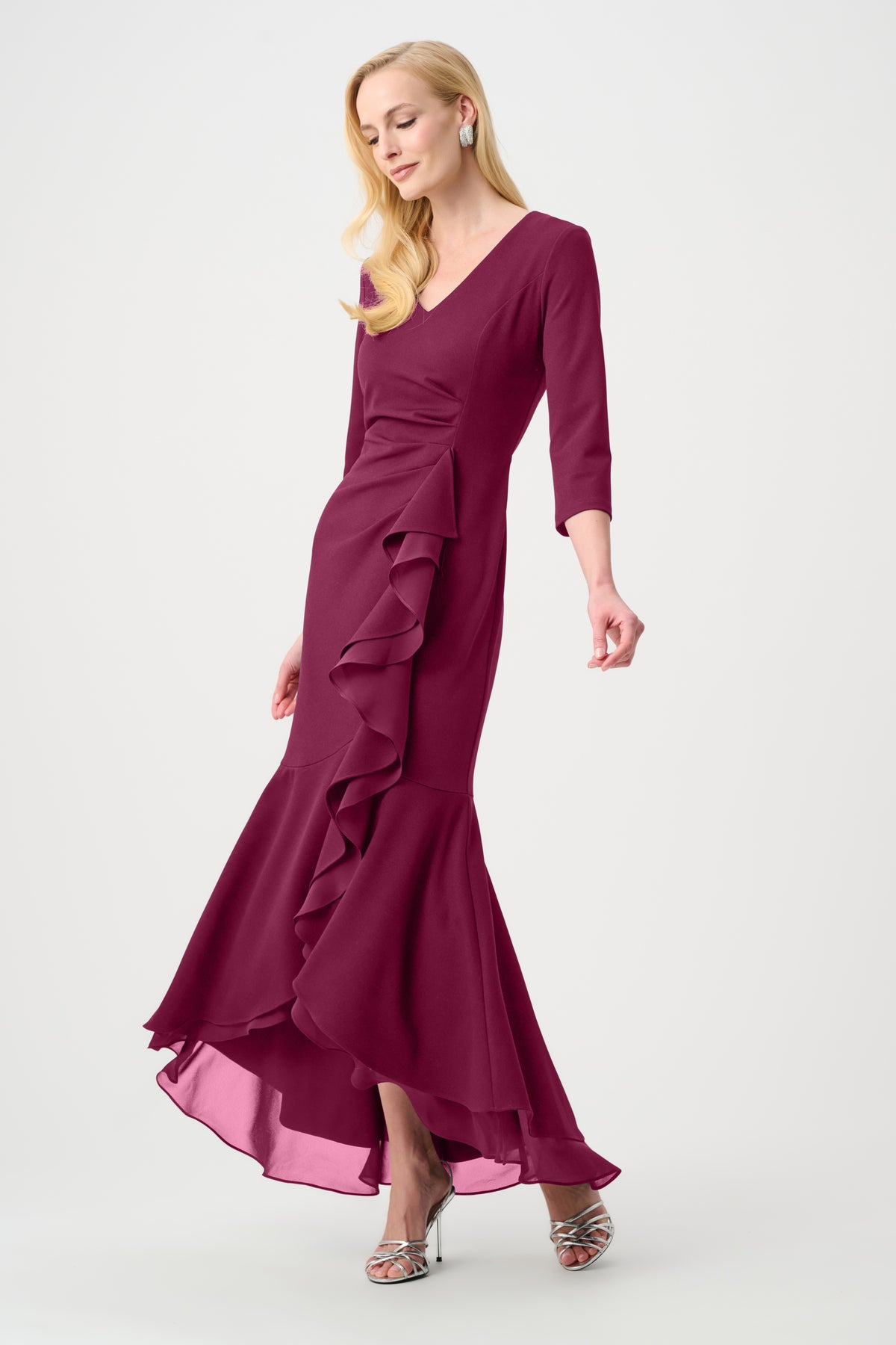 Joseph Ribkoff Berry Signature | Scuba Crepe and Chiffon Ruffled Trumpet Gown