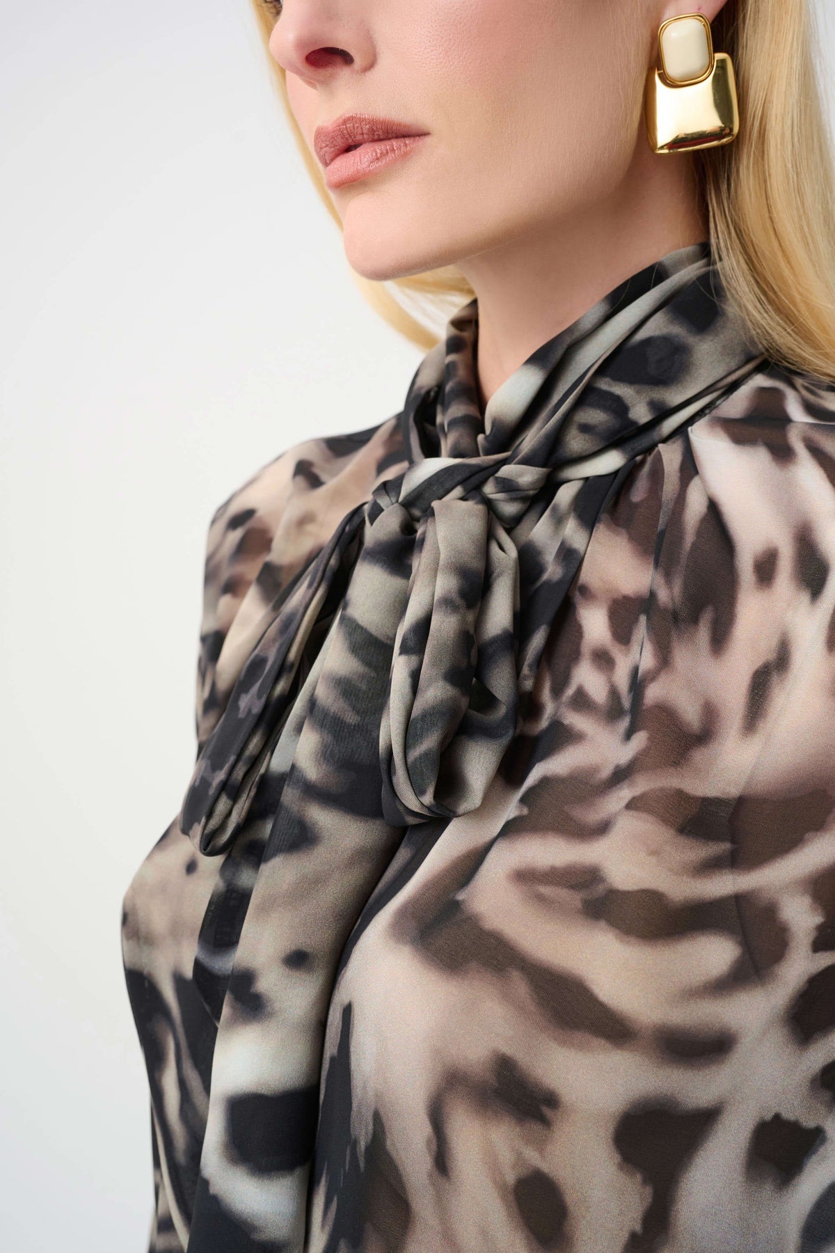 Joseph Ribkoff Signature | Chiffon Animal Print Boxy Top With Bow Tie