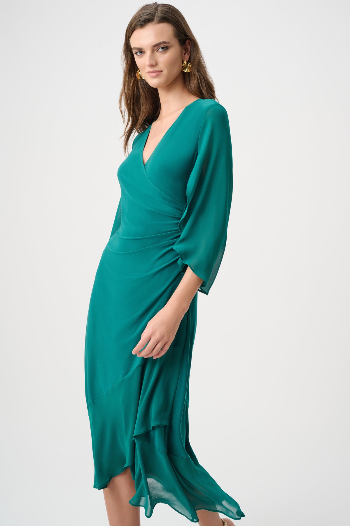 Joseph Ribkoff Opulent Green Signature | Silky Knit And Chiffon Fit And Flare Wrap Dress