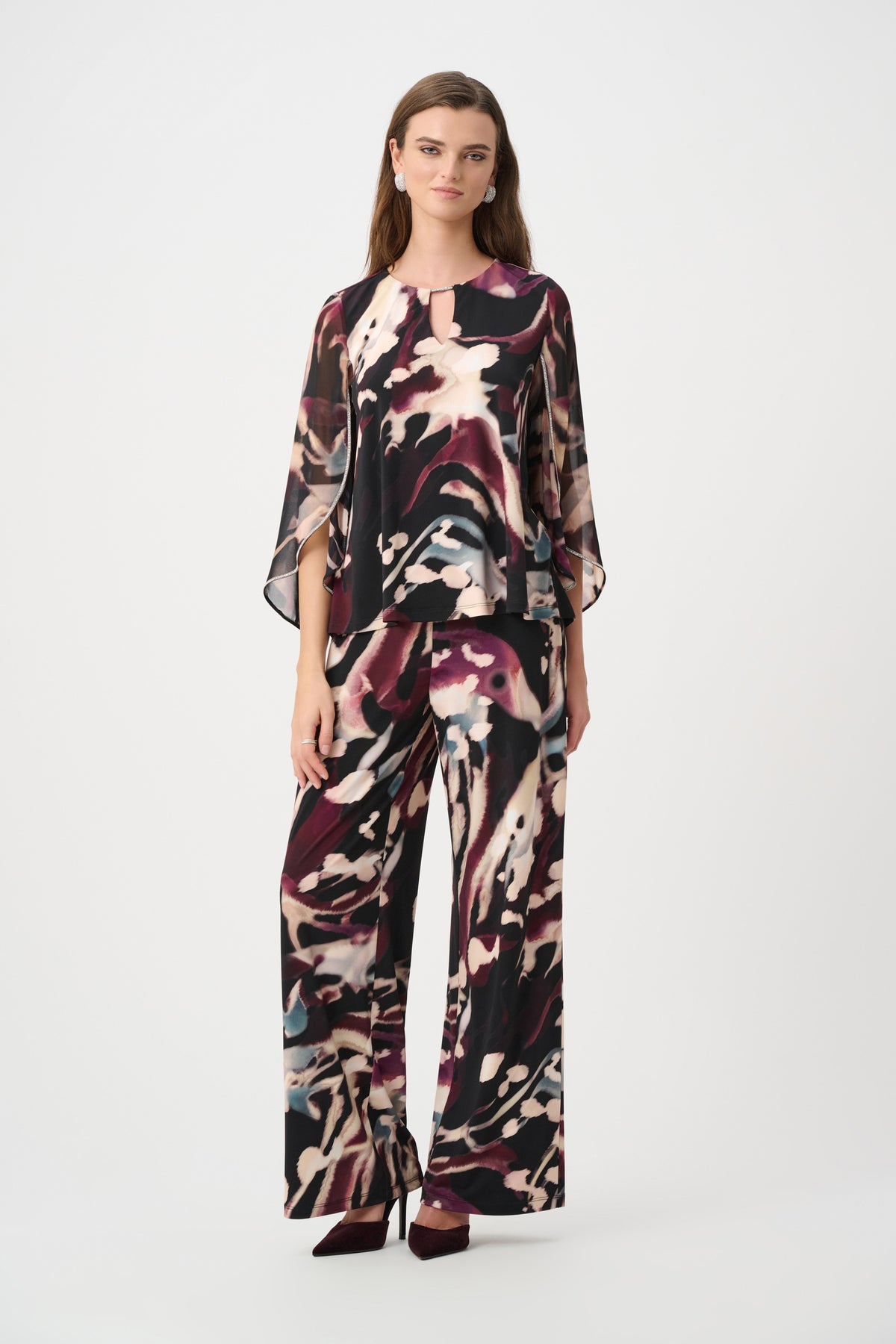 Joseph Ribkoff Black/Multi Signature | Silky Knit And Chiffon Abstract Print Top With Rhinestone Trim