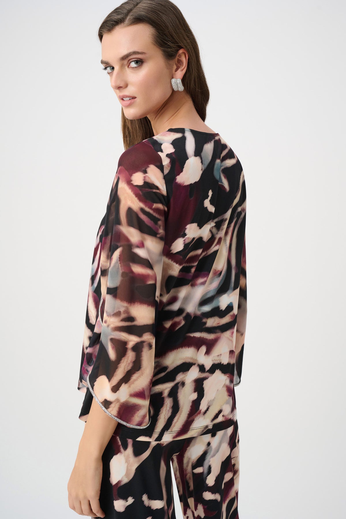 Joseph Ribkoff Black/Multi Signature | Silky Knit And Chiffon Abstract Print Top With Rhinestone Trim