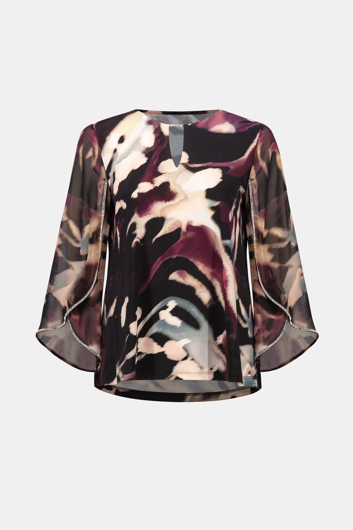Joseph Ribkoff Black/Multi Signature | Silky Knit And Chiffon Abstract Print Top With Rhinestone Trim