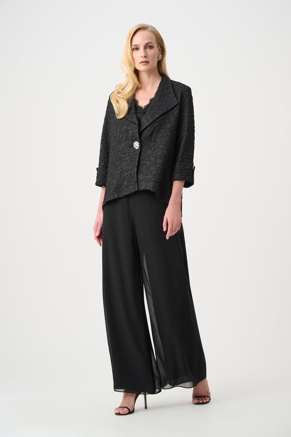 Joseph Ribkoff Black Signature | Lurex Textured Jacquard Lapel-Collar Trapeze Jacket