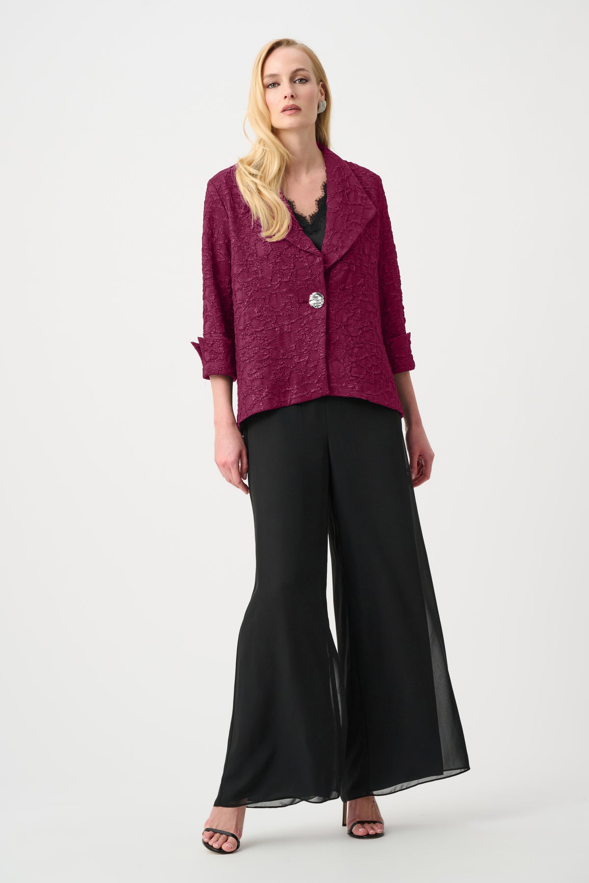 Joseph Ribkoff Berry Burst Signature | Lurex Textured Jacquard Lapel-Collar Trapeze Jacket